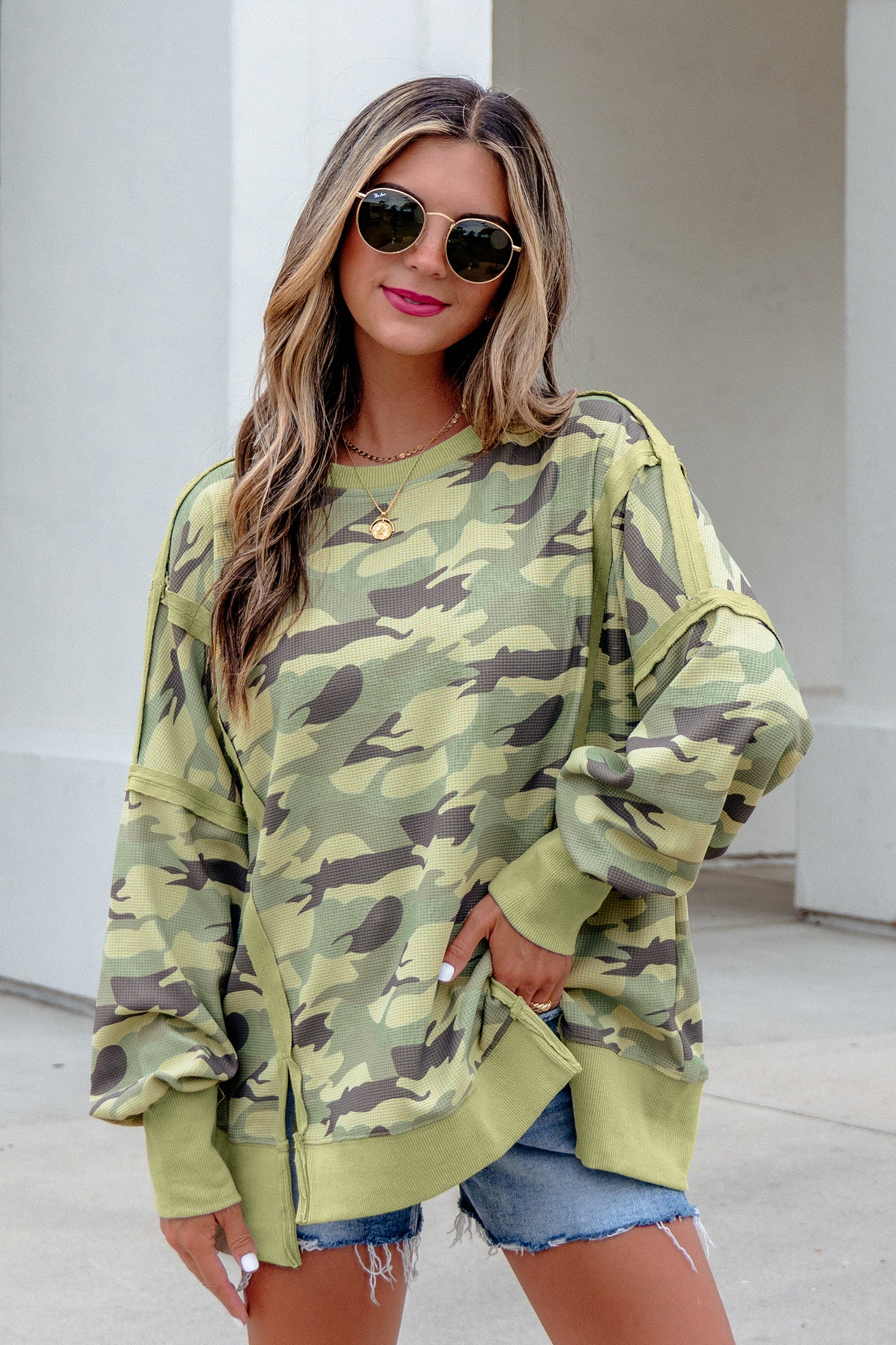 Green Camouflage Waffle Knit Raw Edge Contrast Trim Oversized Long Sleeve Top