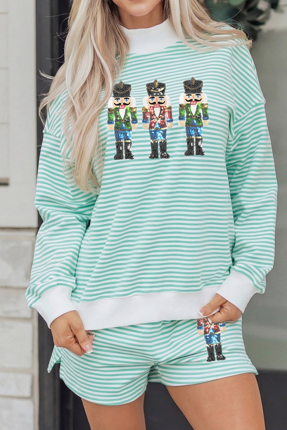 Green Stripe Sequin Nutcracker Graphic Long Sleeve Pullover and Shorts Set