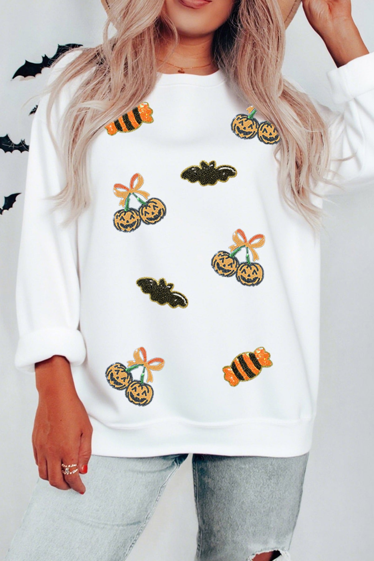 White Sequin Halloween Pattern Pullover Sweatshirt