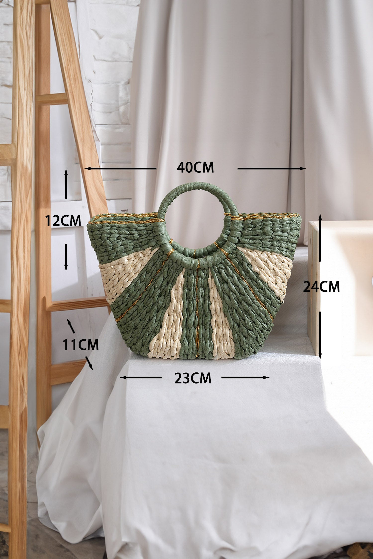 Guacamole Green Gold Trim Color Block Handwoven Straw Tote Bag