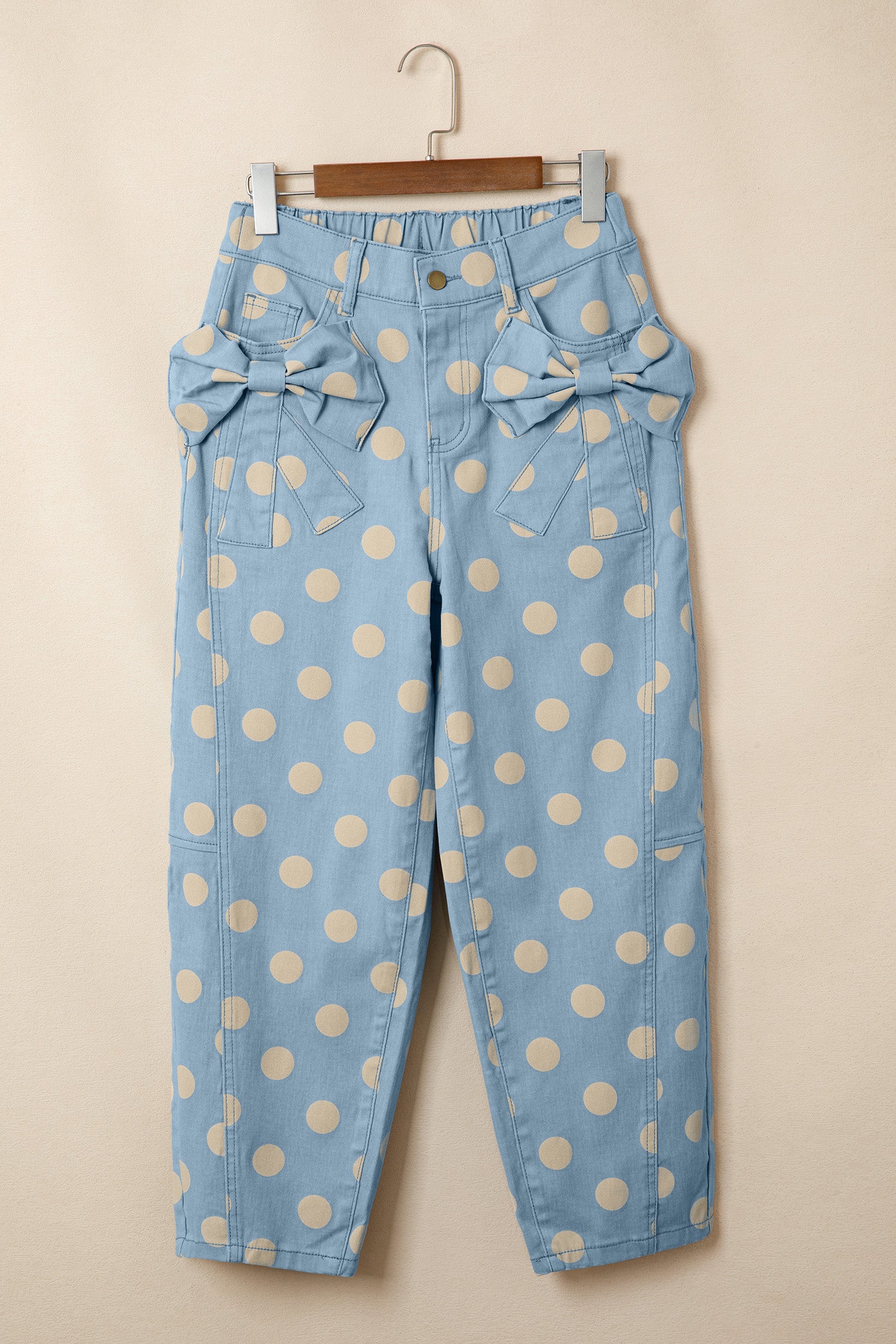 Sky Blue Polka Dot Print Bow Detail Pocketed Jeans