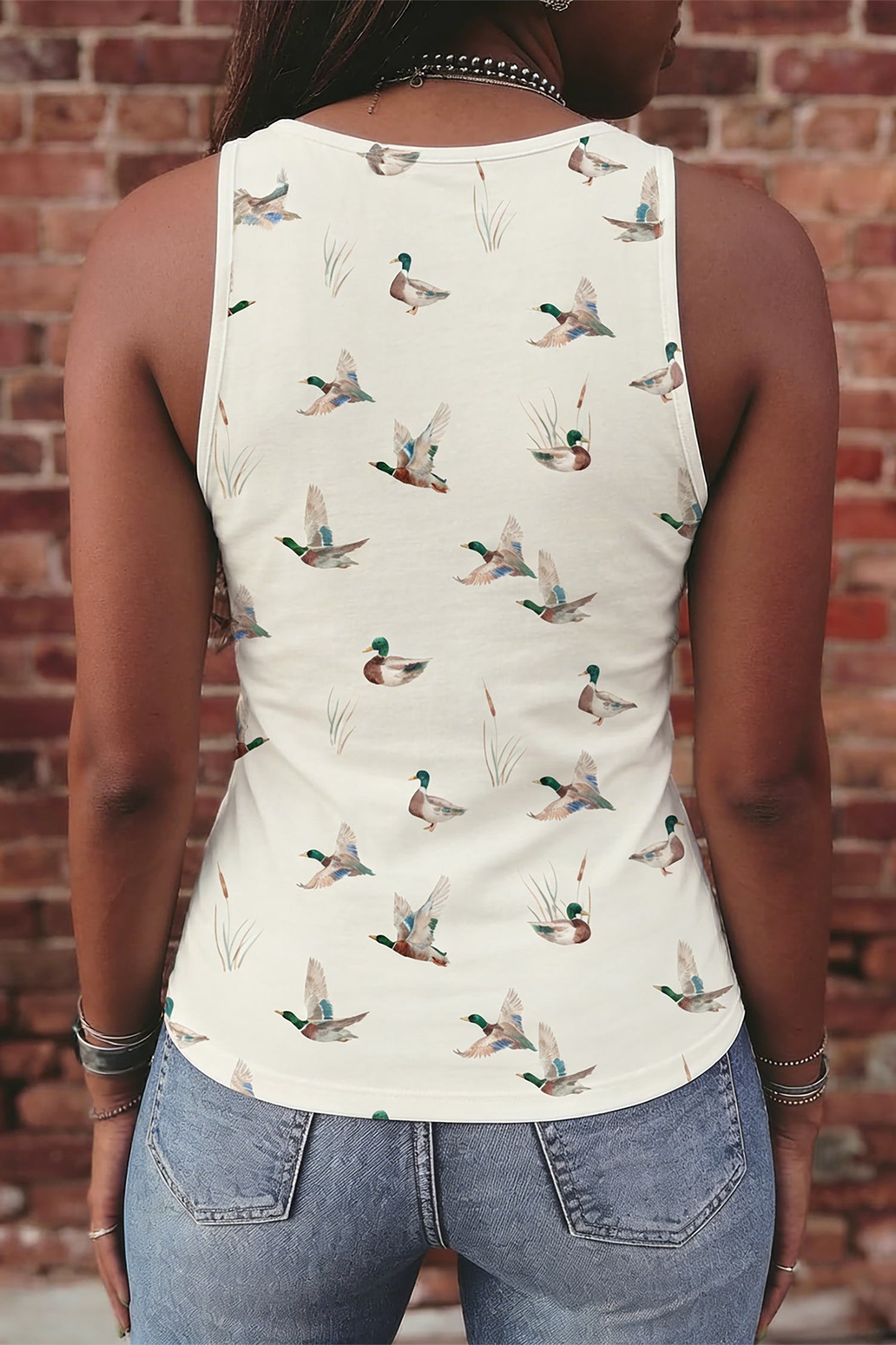 Beige Mallard Print Western Style Tank Top