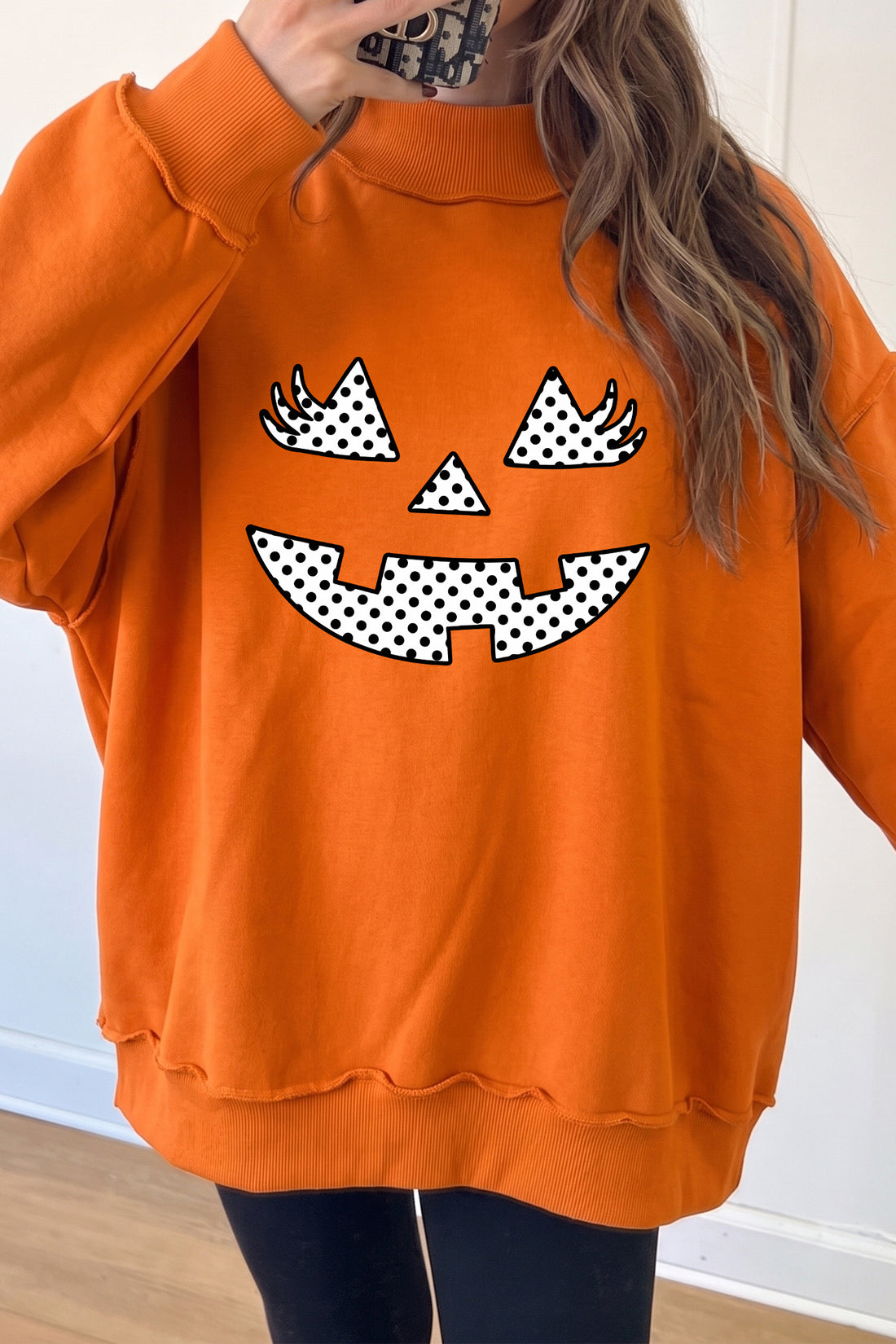 Carrot Polka Dot Pumpkin Face Halloween Graphic Pullover Sweatshirt