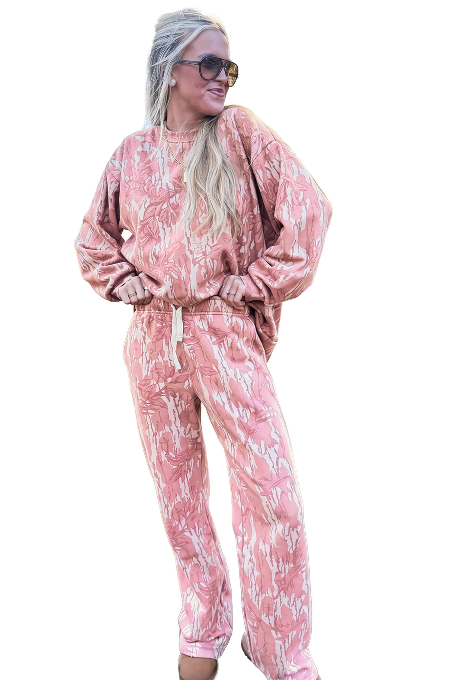 Pink Abstract Floral Print Loose Pullover Drawstring Pants 2pcs Set
