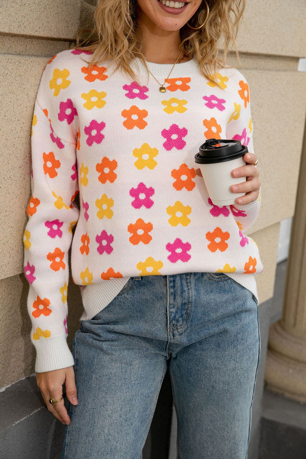 White Cute Flower Allover Ribbed Trimmed Drop Shoulder Pullover Sweater