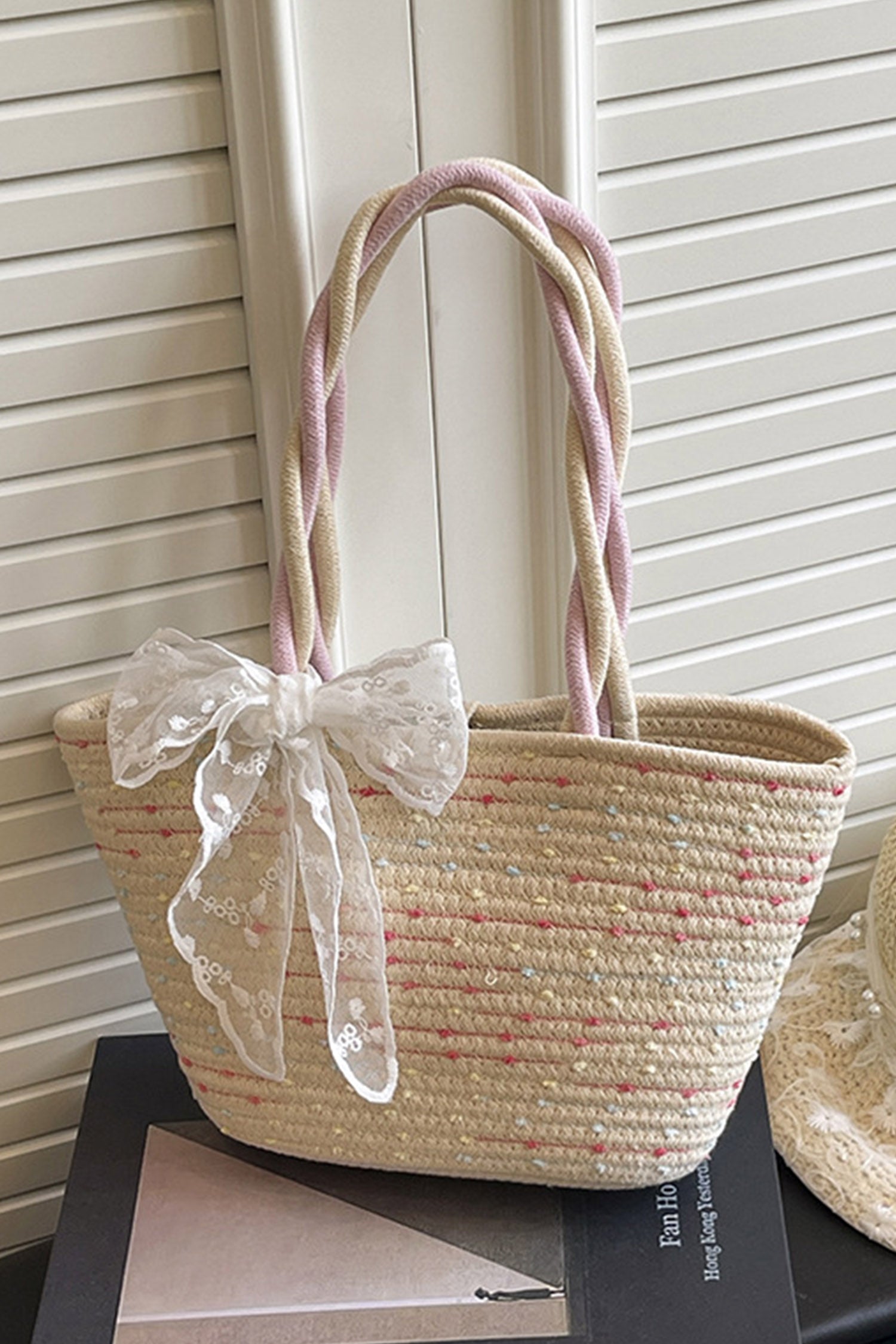 Parchment Boho Style Lace Bow Detail Handcrafted Straw Tote Bag