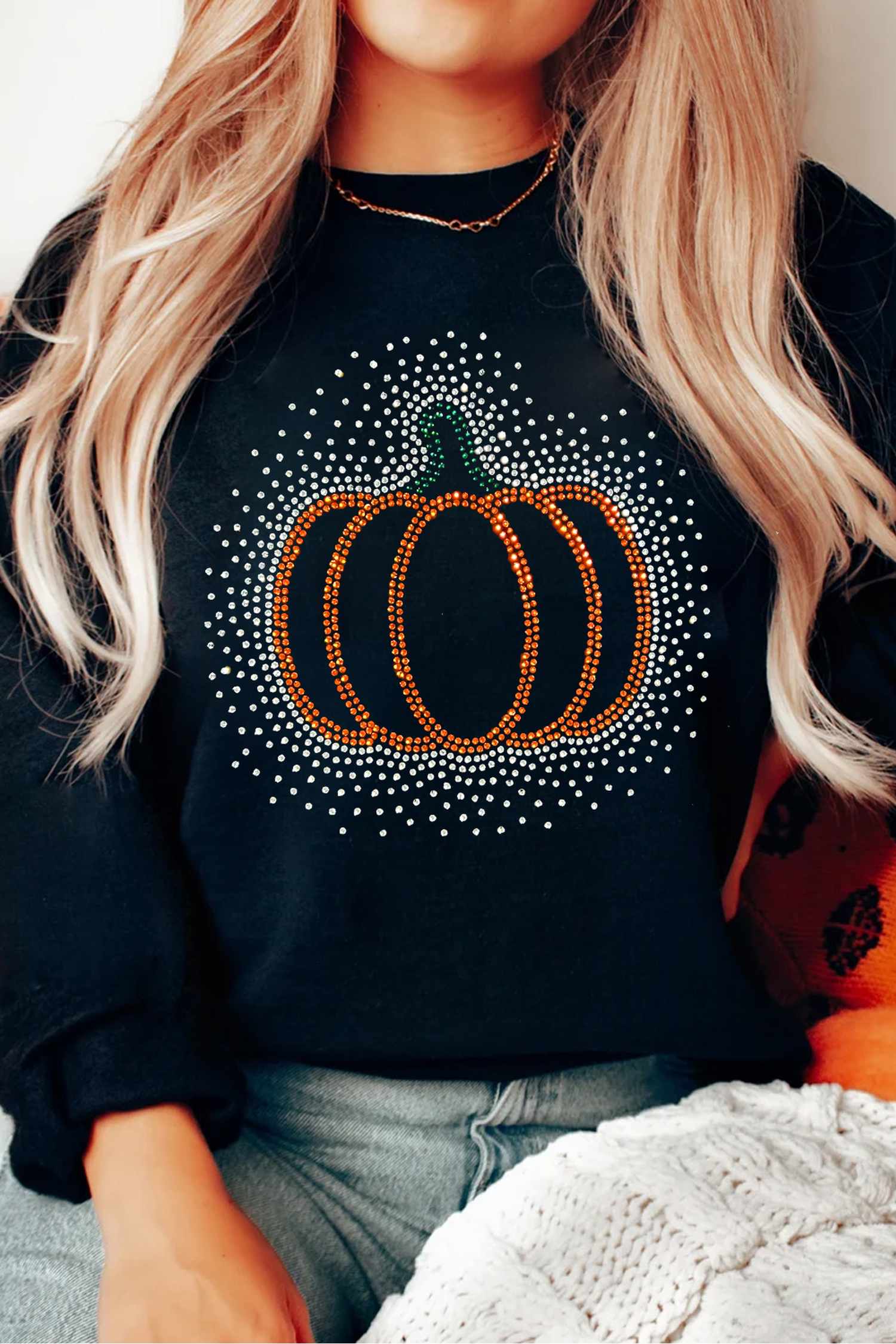 Black Rhinestone Pumpkin Graphic Pullover Sweatshirt