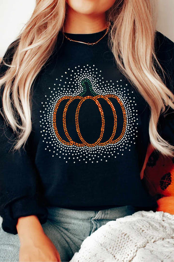 Black Rhinestone Pumpkin Graphic Pullover Sweatshirt