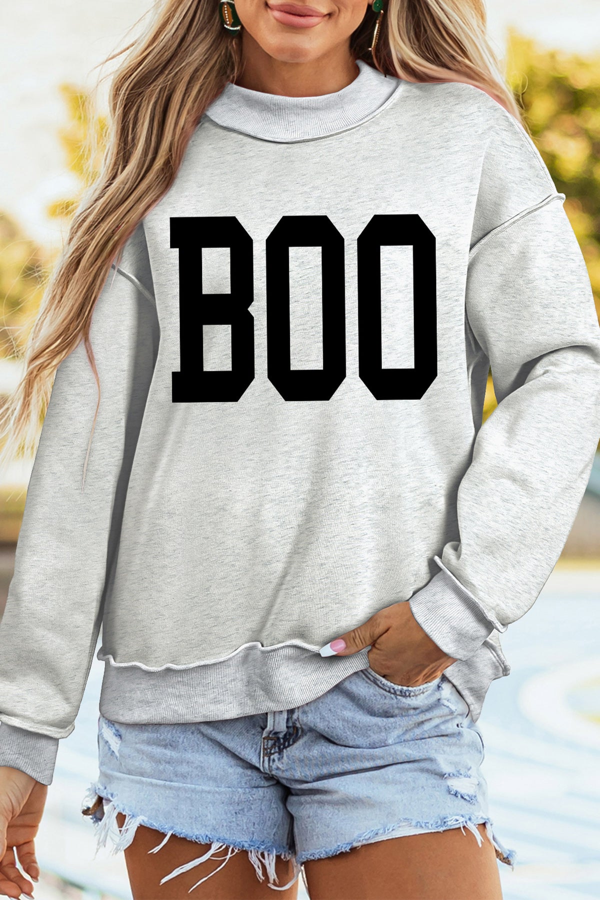 Light Grey BOO/ Halloween Bat Printed Reversible Mock Neck Pullover Sweatshirt