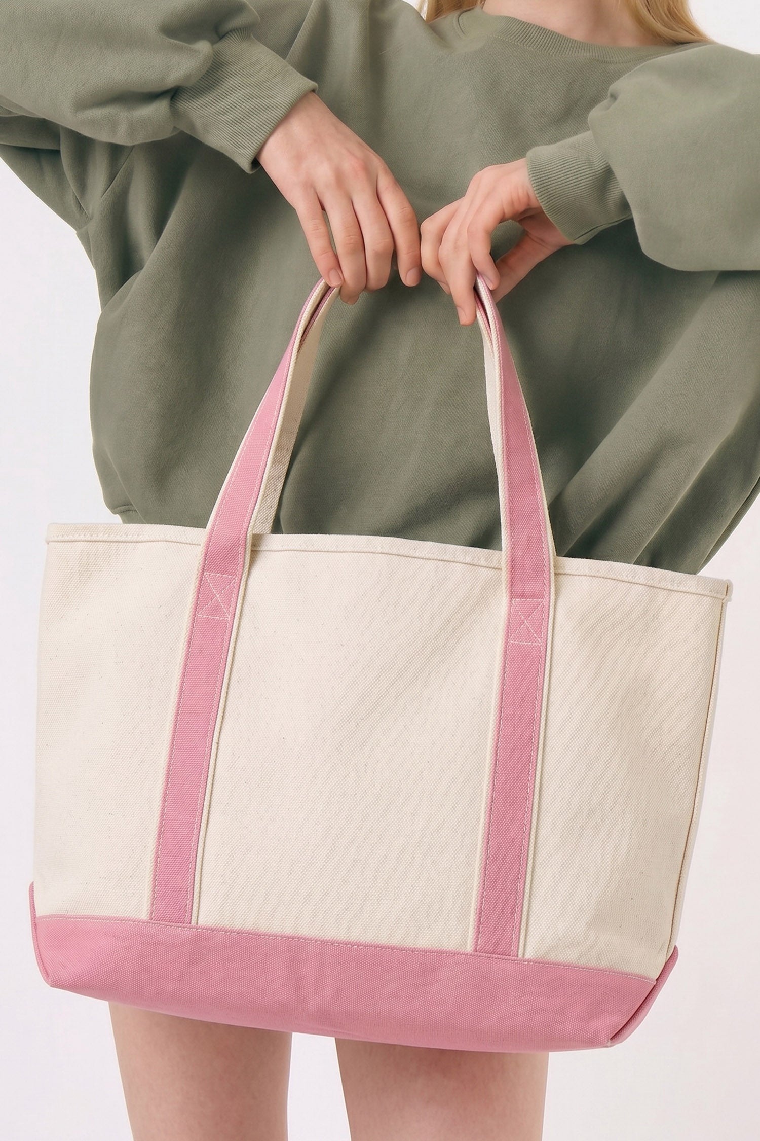 Pink Color Block Detail Durable Handles Canvas Tote Bag