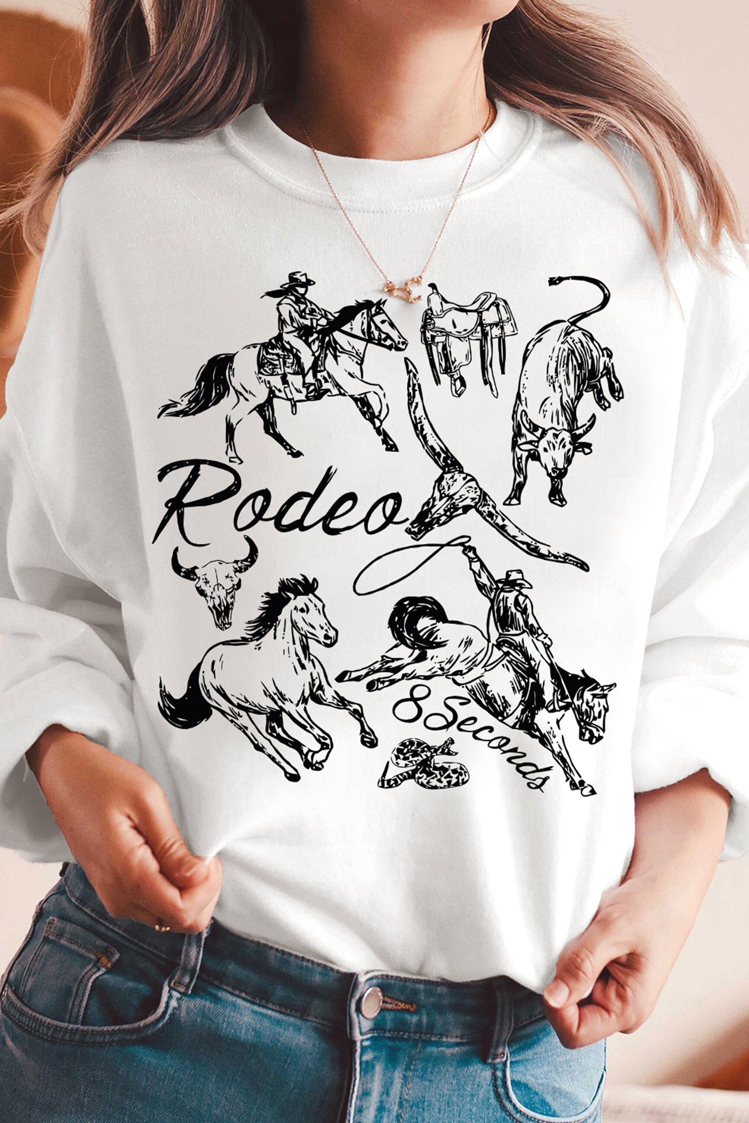 White Rodeo 8 Seconds Western Print Casual Graphic Sweatshirt