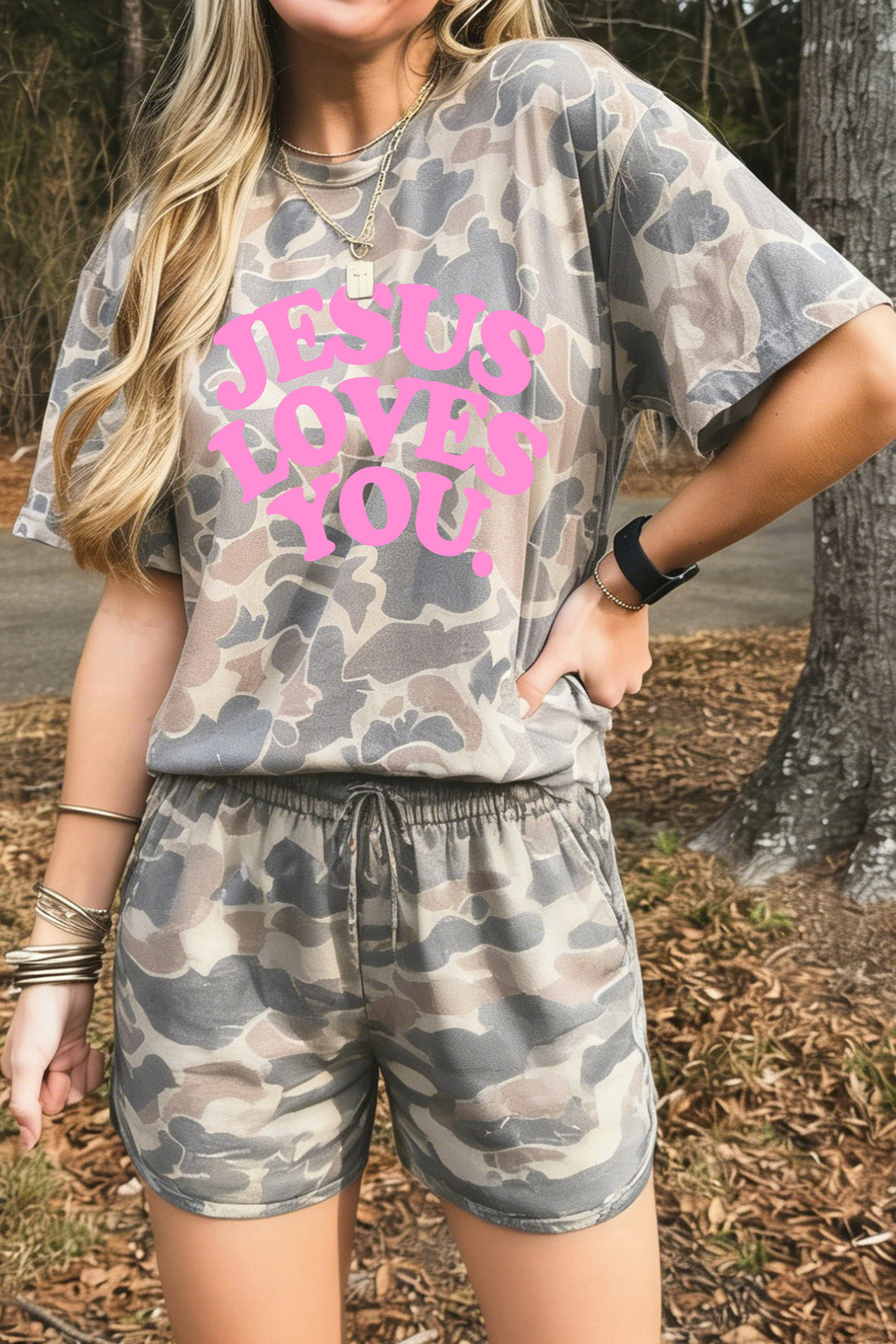 Multicolour JESUS LOVES YOU Camouflage Print Shot Two Piece Set