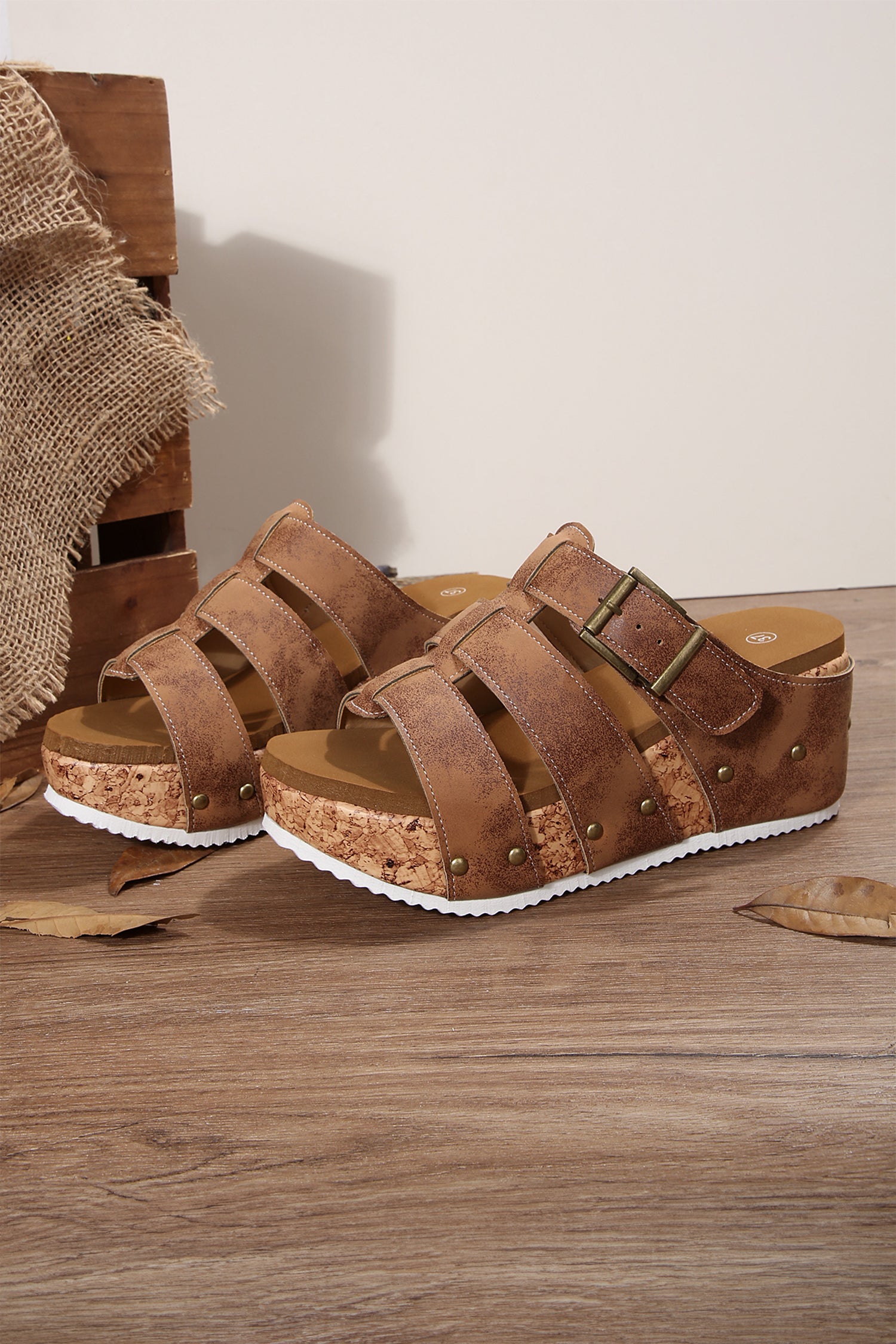 Brown Retro Vegan Leather Studded Cage Cork Wedge Platform Slippers