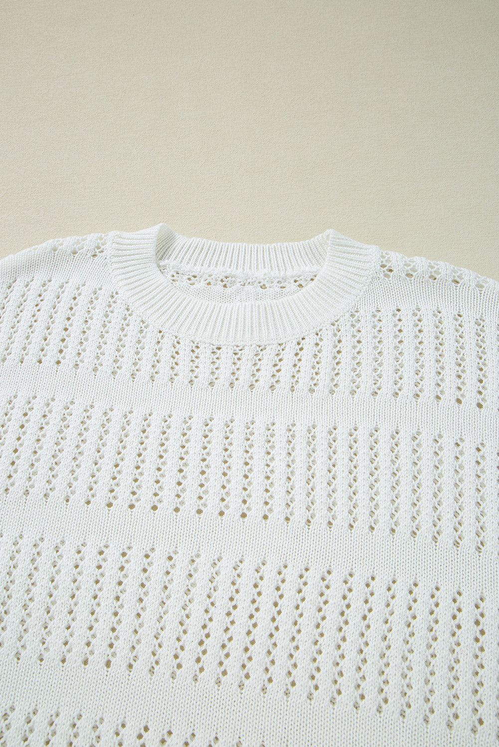 White 3/4 Sleeve Open Knit Mesh Detail Pullover Sweater