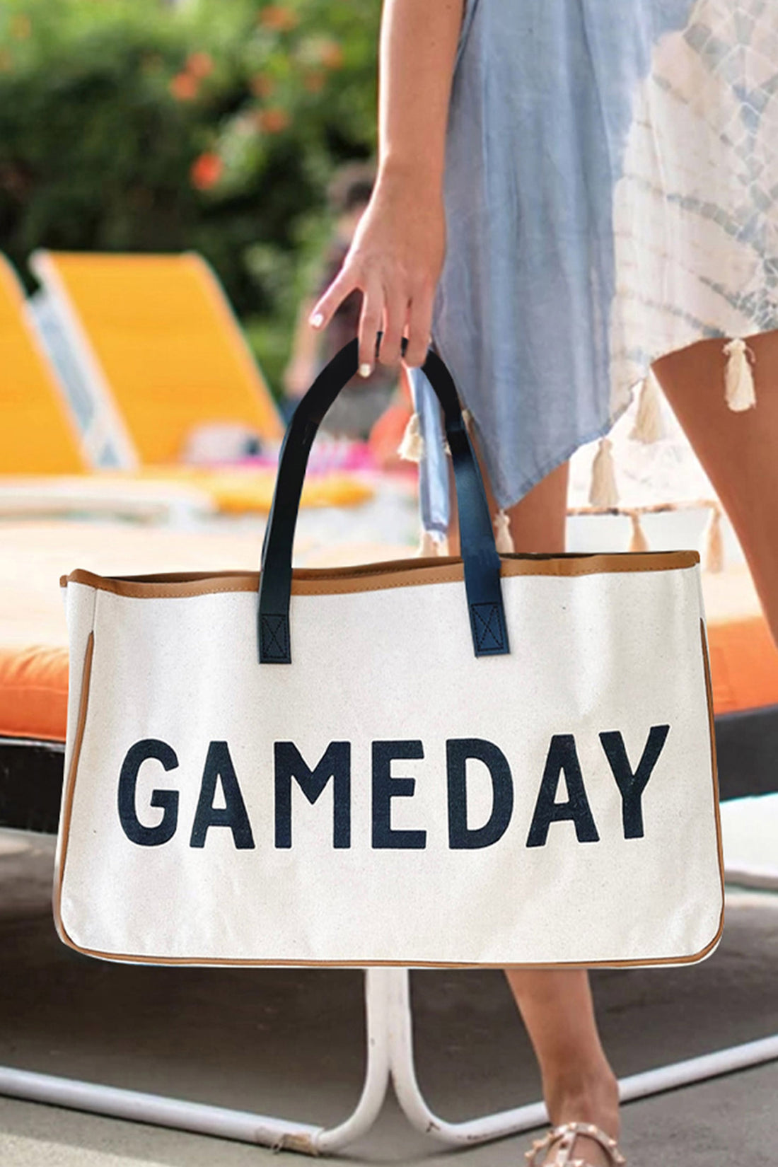 Beige Contrast Handle Leather Trim Canvas GAMEDAY Tote Bag