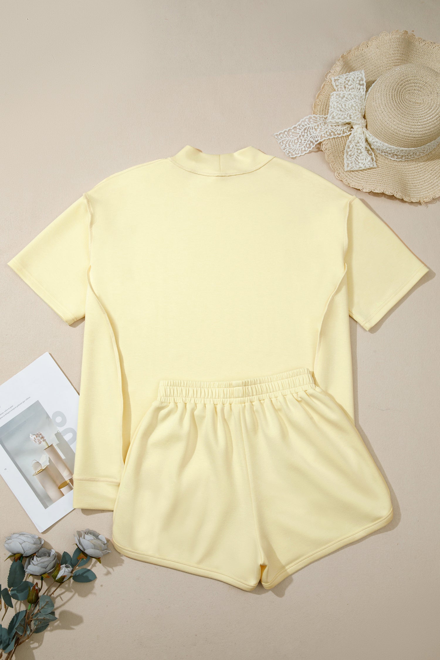 Yellow Cream LIMON CELLO Mock Neck Oversize Tee Short Set