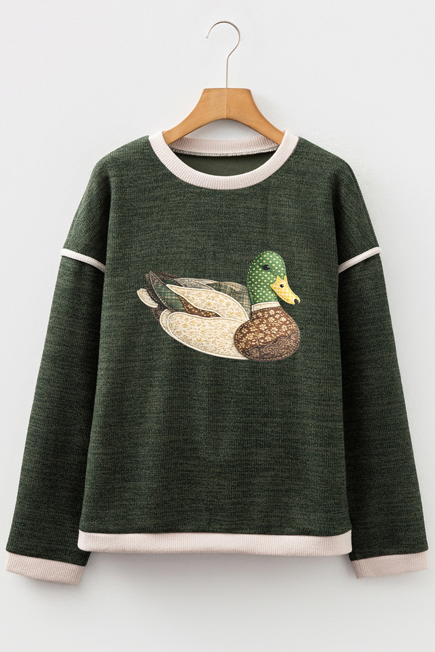 Four Leaf Clover Mallard Duck Graphic Contrast Trim Patchwork Casual Knit Top