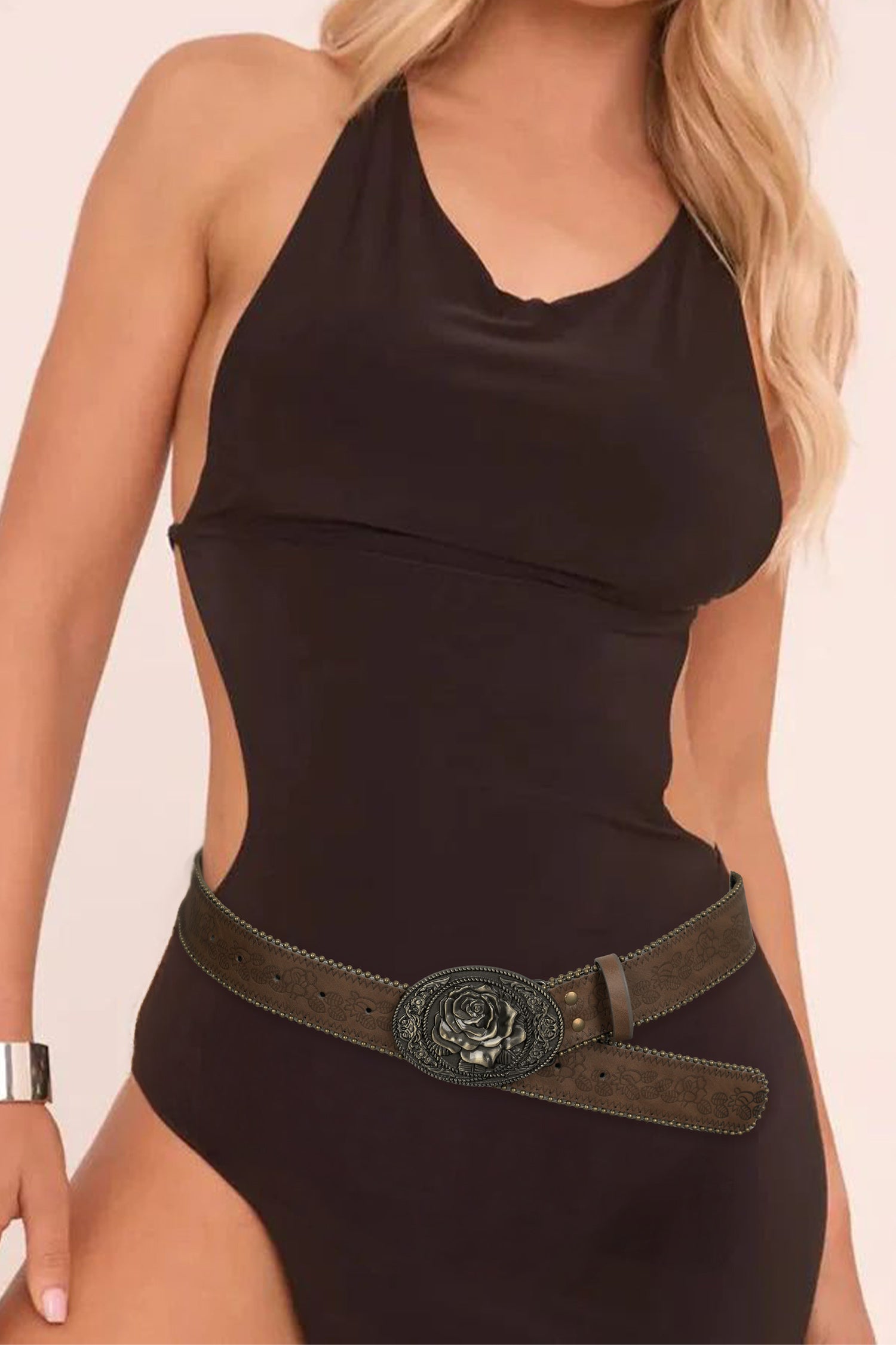 Chestnut Retro Flower Buckle Bead Trim Embossed PU Leather Belt