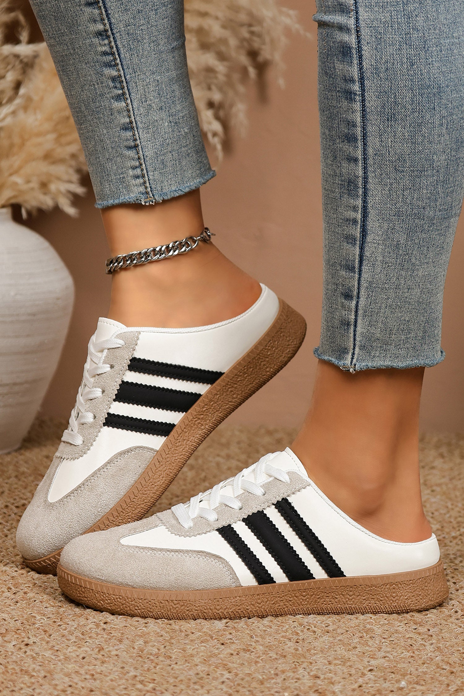 White PU Leather Color Block Varsity Lace Up Flat Shoes