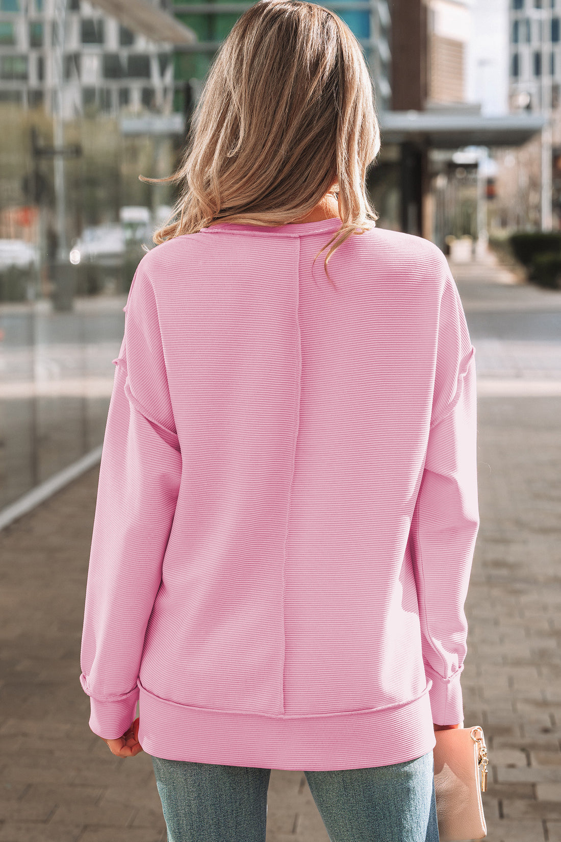 Pink Horizontal Ribbed Exposed Seam Detail Drop Shoulder Baggy Pullover
