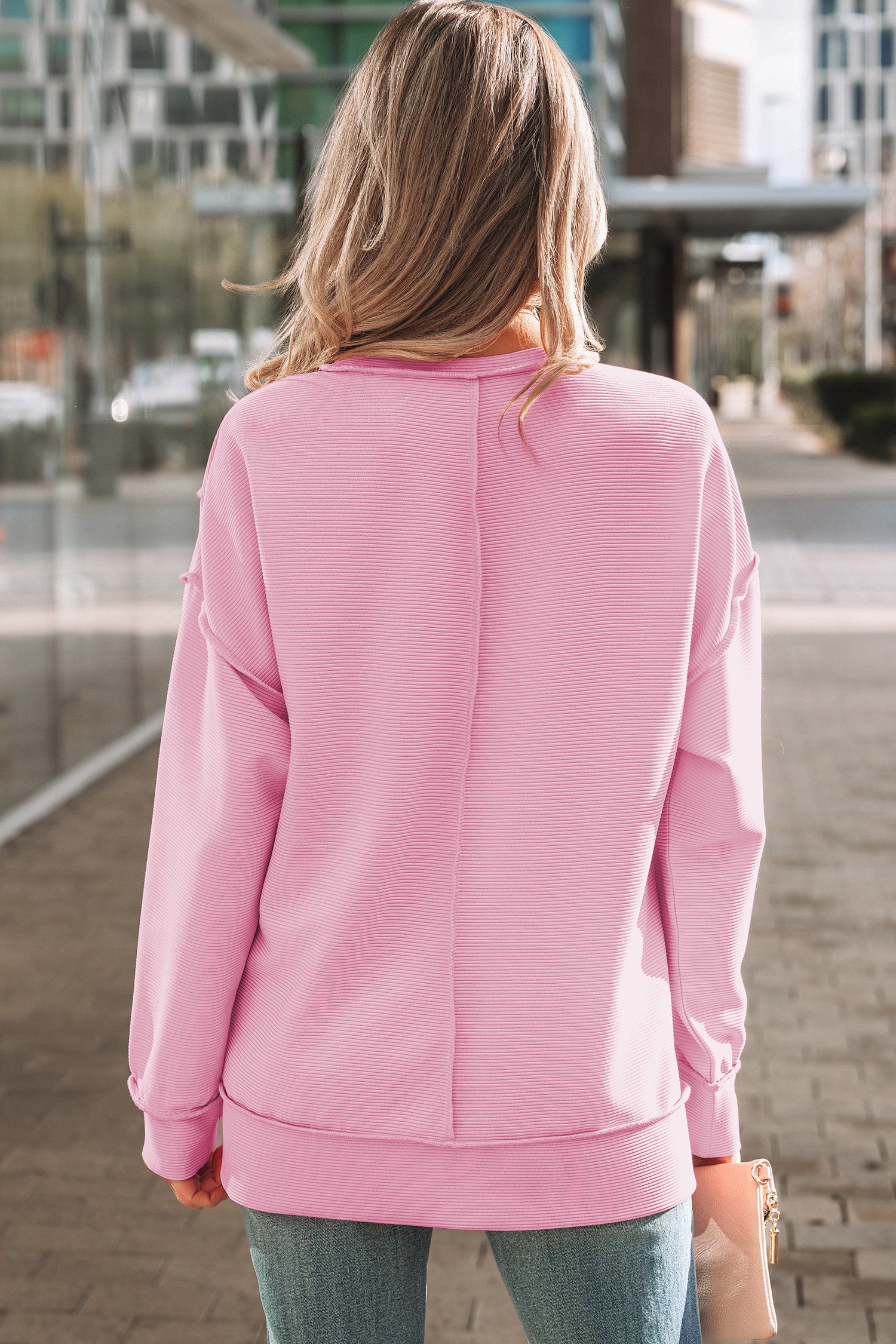 Pink Horizontal Ribbed Exposed Seam Detail Drop Shoulder Baggy Pullover