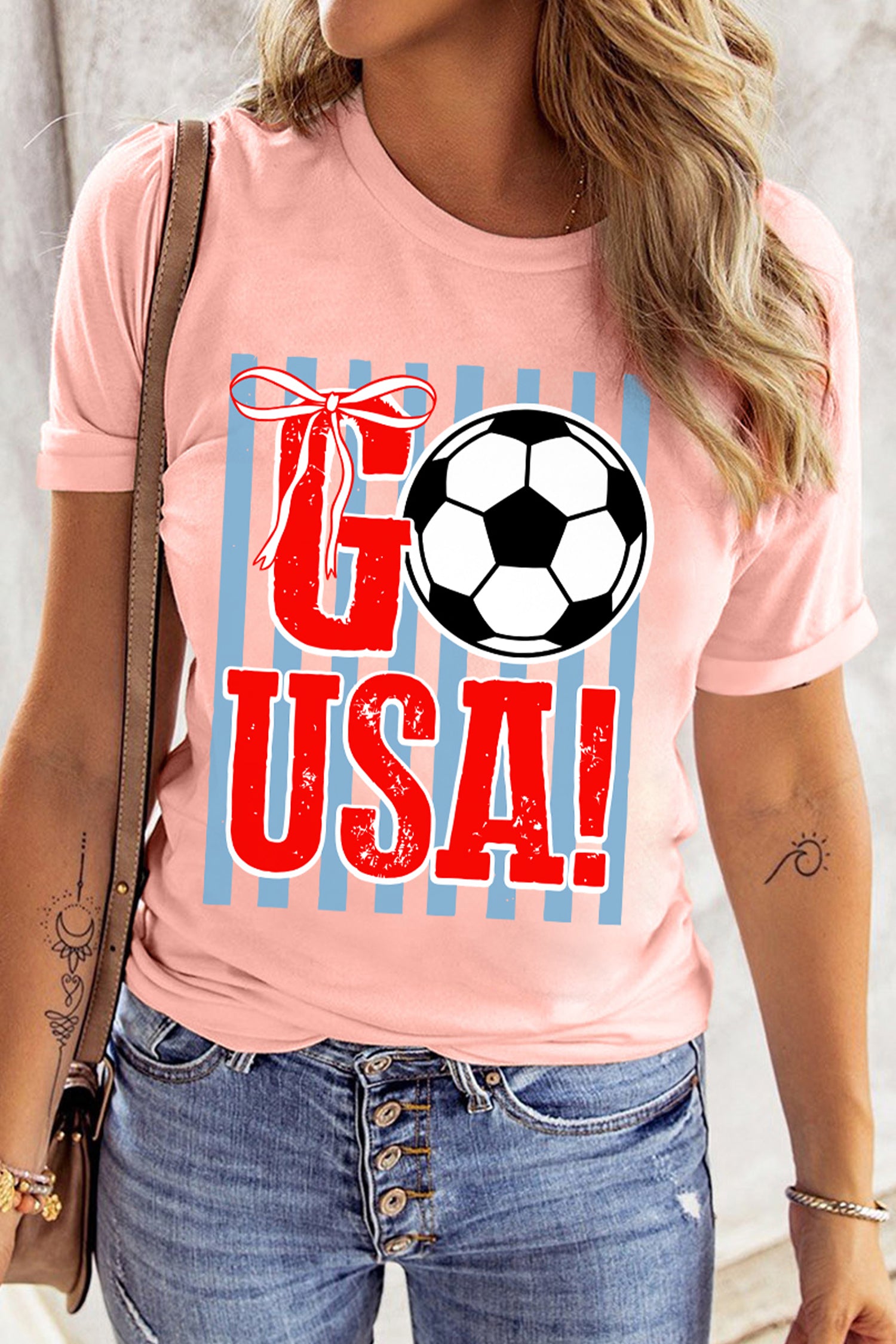Pink GO USA Soccer Striped Print T Shirt