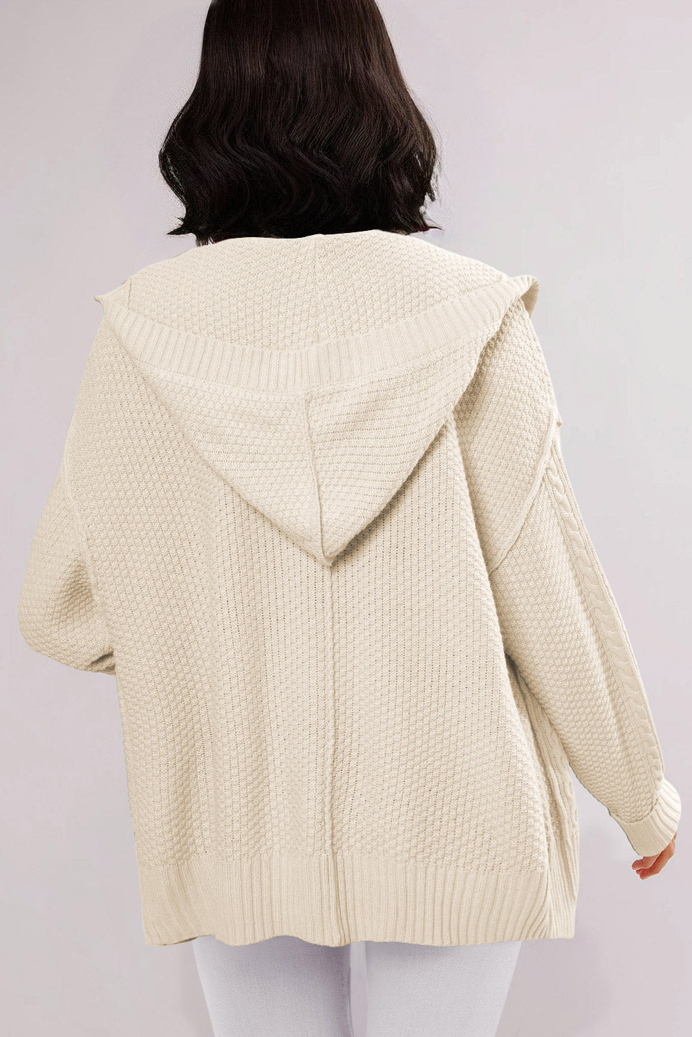 White Cable Knit Texture Uneven Hem Hooded Chic Cardigan