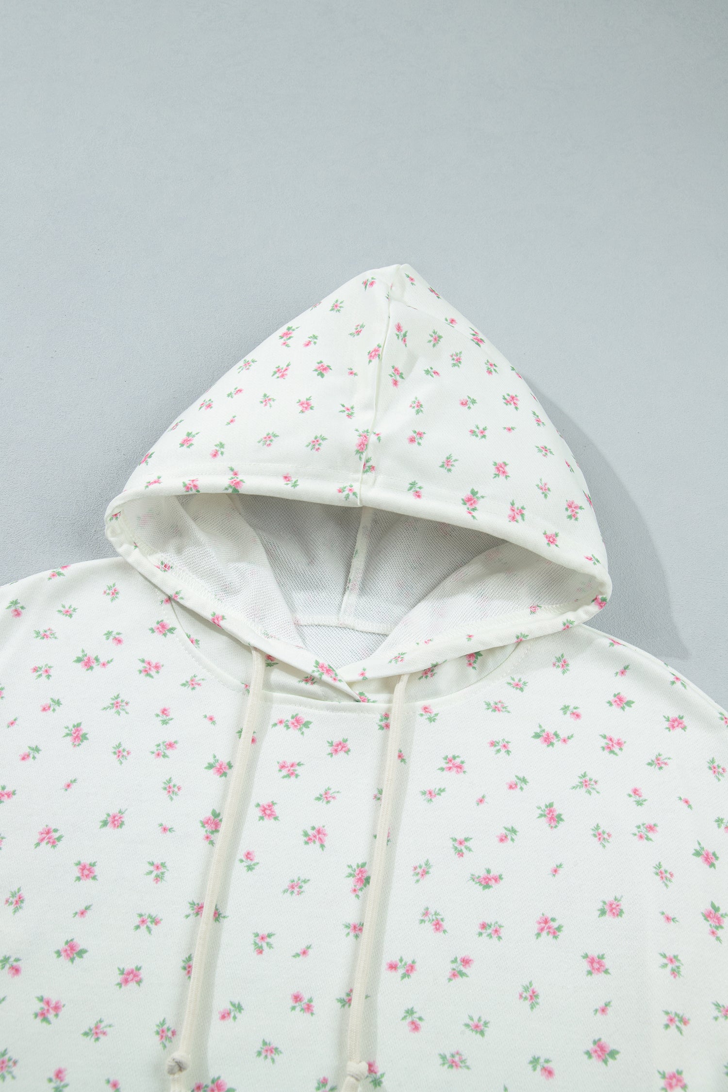 White Floral Print Ribbing Drawstring Hem Long Sleeve Hoodie