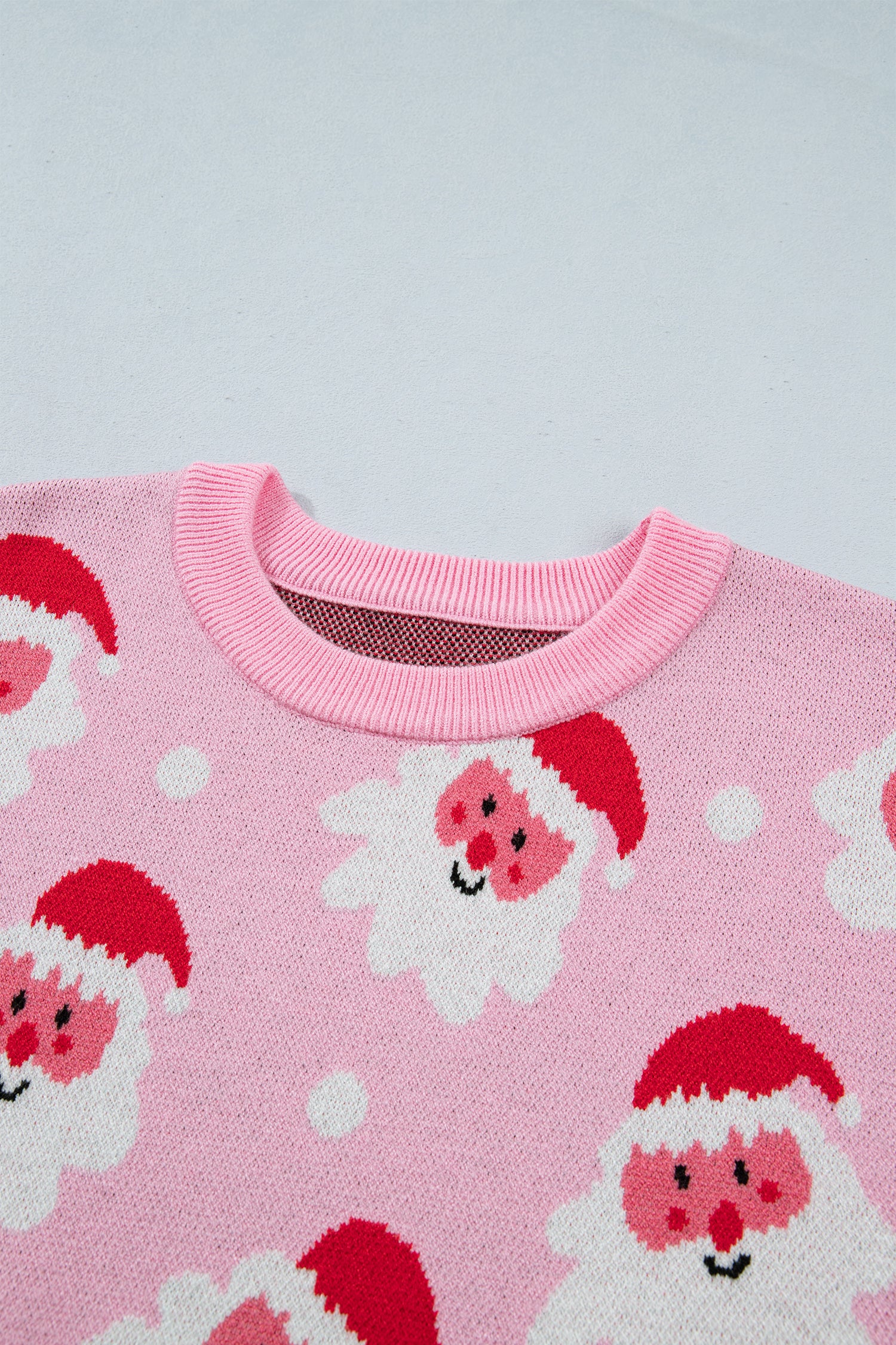 Pink Cartoon Santa Pattern Round Neck Dropped Shoulder Sweater