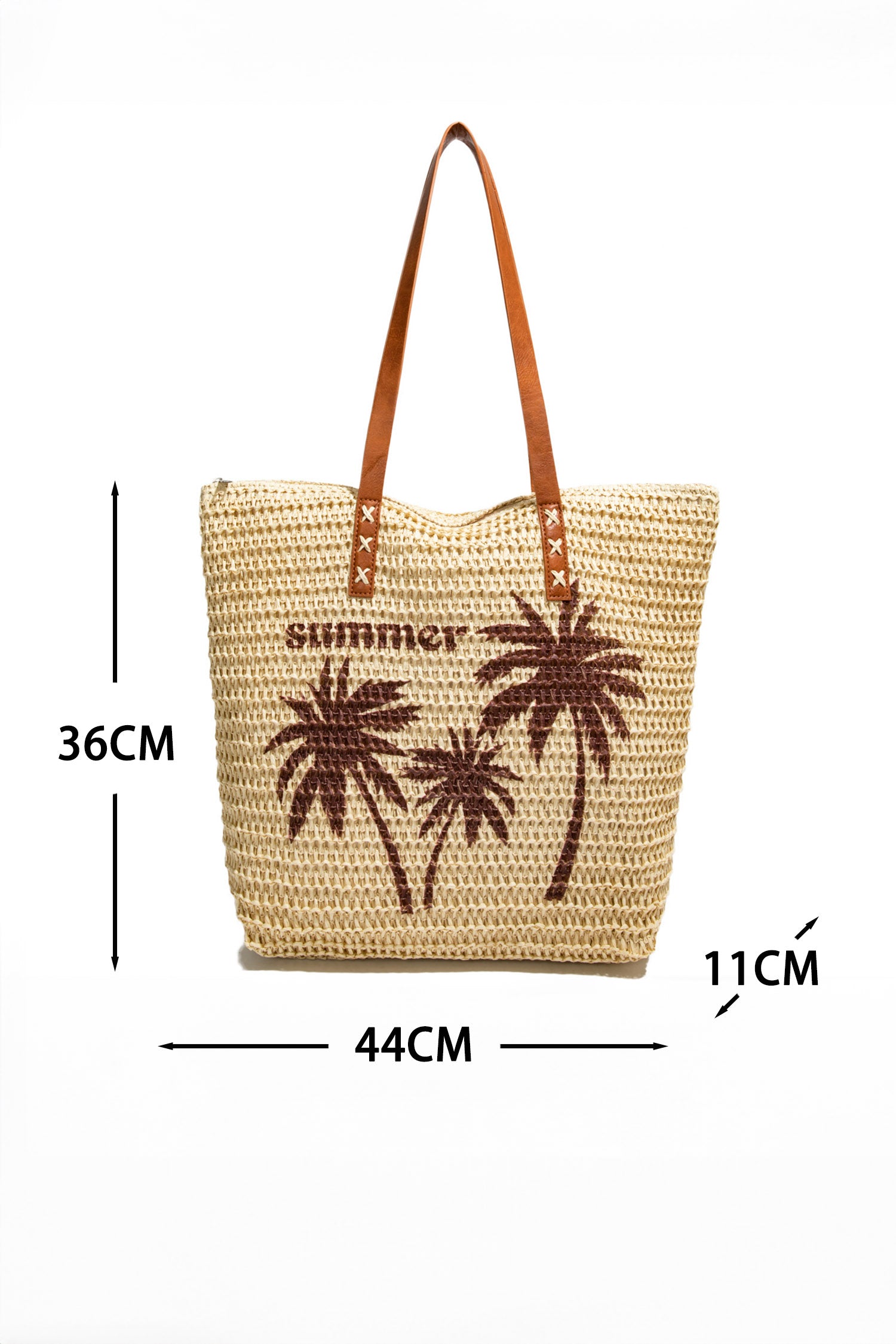 Khaki Straw Woven Summer Palm Tree Print Vacation Tote Bag