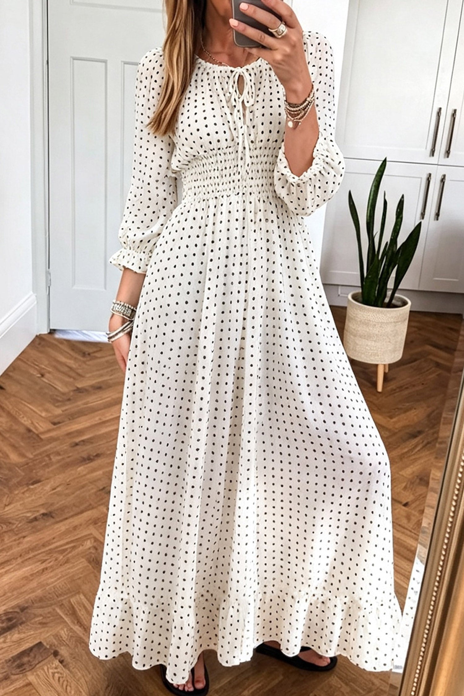 White Polka Dot Cinched Waist Long Sleeve Maxi Dress
