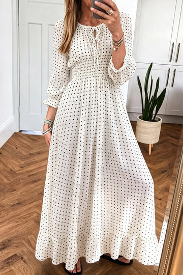 White Polka Dot Cinched Waist Long Sleeve Maxi Dress