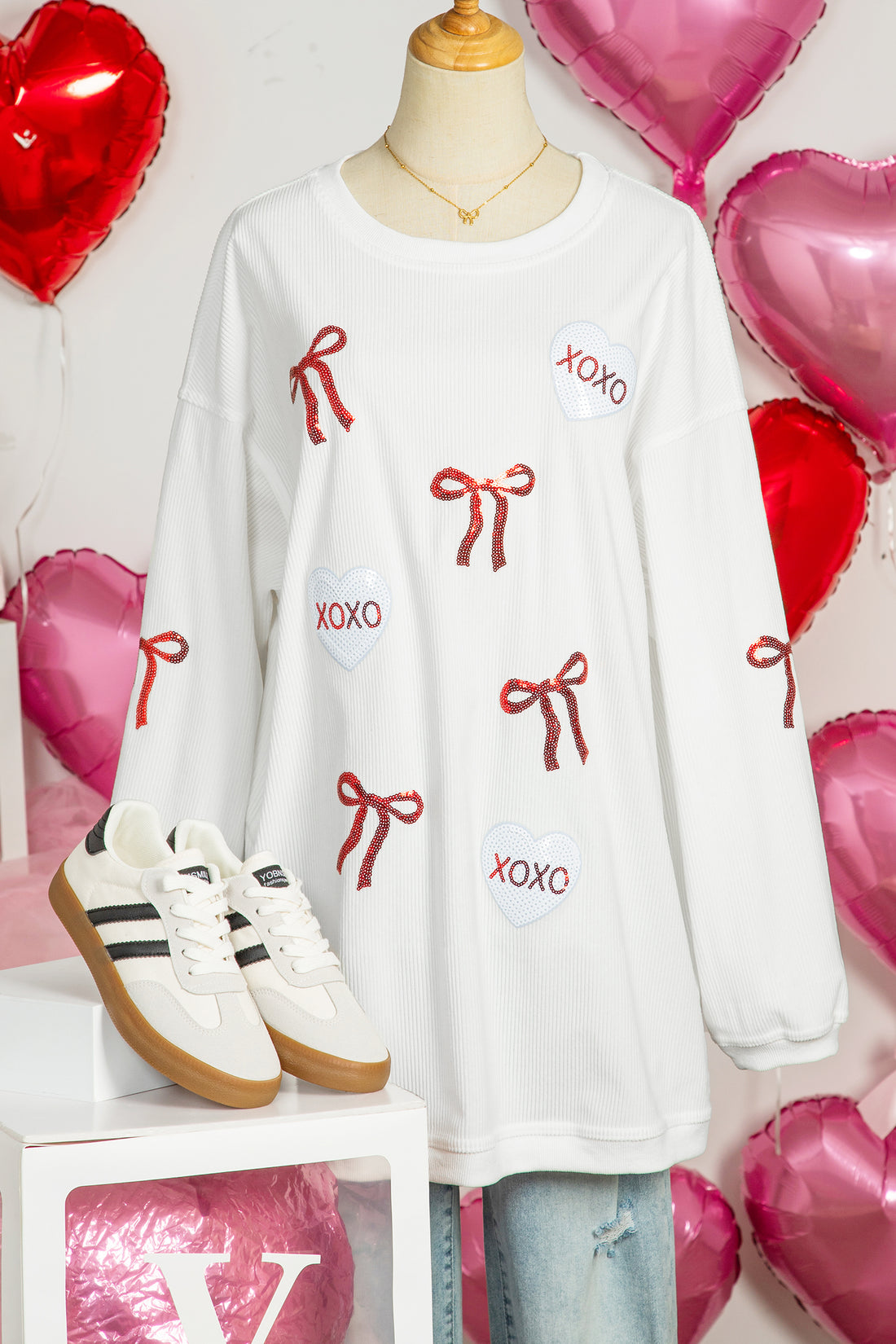 White Sequin Ribbon Bow XOXO Heart Patched Corded Rib Pullover Sweatshirt