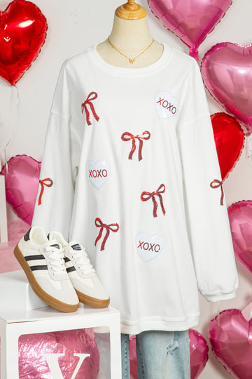 White Sequin Ribbon Bow XOXO Heart Patched Corded Rib Pullover Sweatshirt