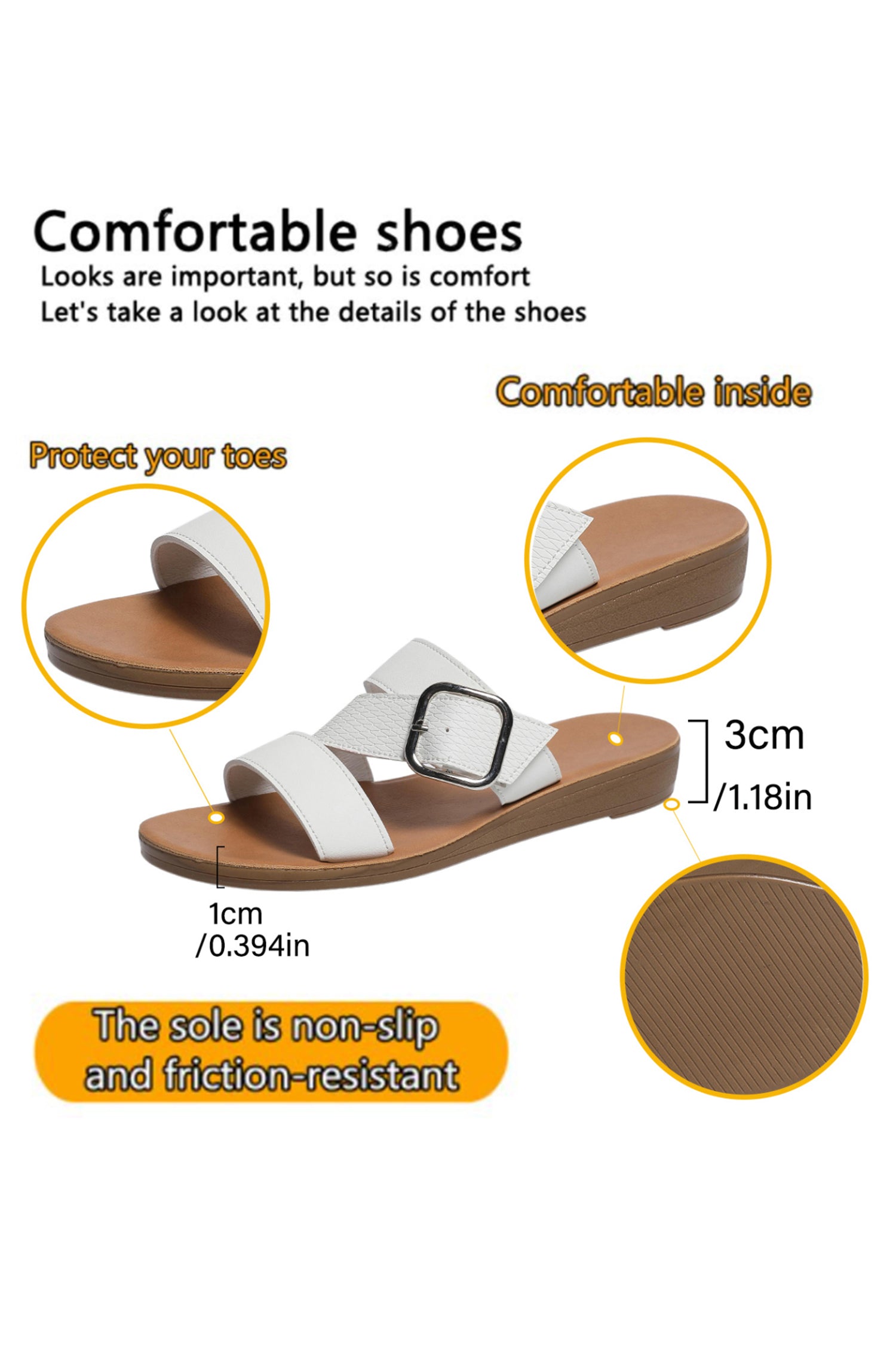 White Casual Buckle Slip-On Flat Slippers with TPR Sole