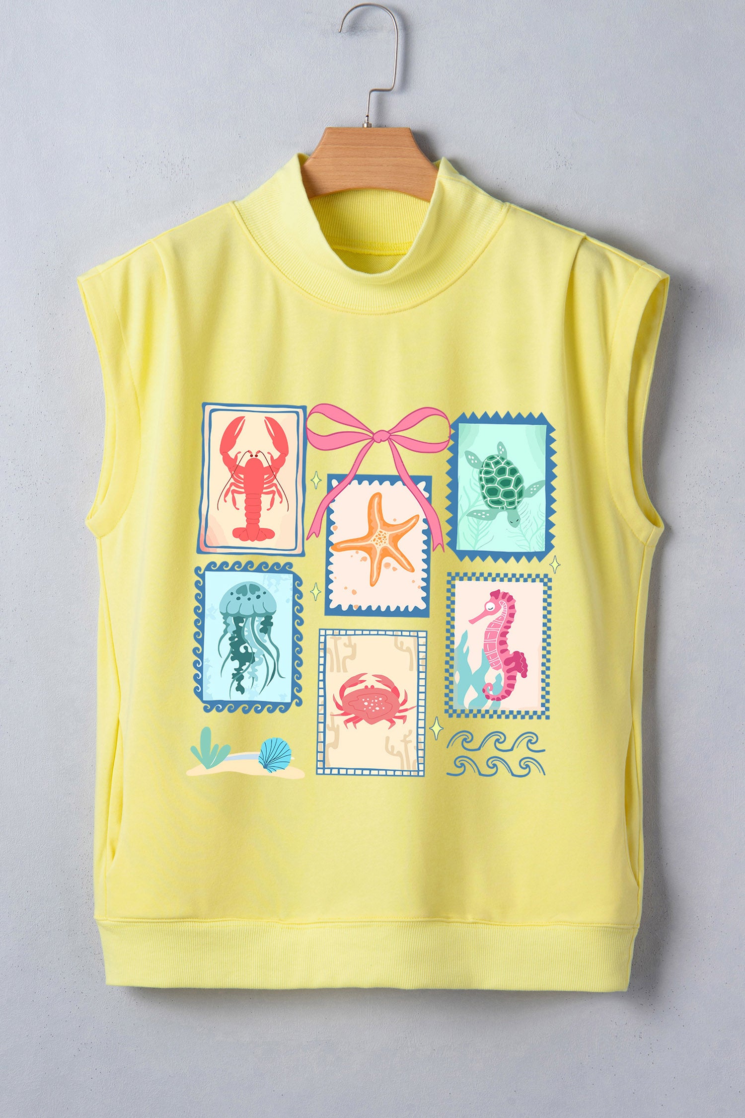 Yellow Playful Sea Stamps Printed Mock Neck Short Sleeve Top