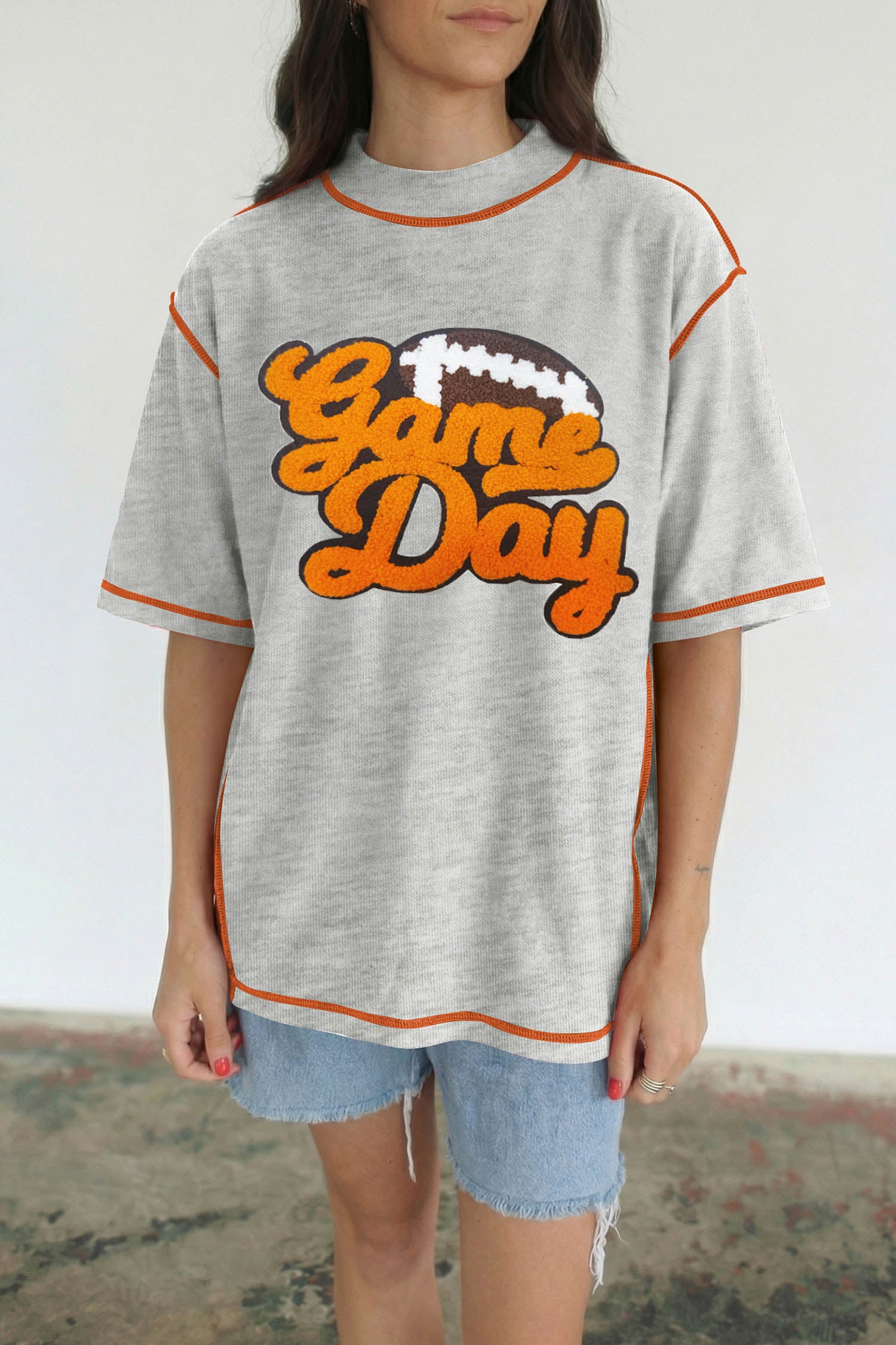 Light Grey Chenille Game Day Graphic Contrast Trim Mock Neck Loose Tee