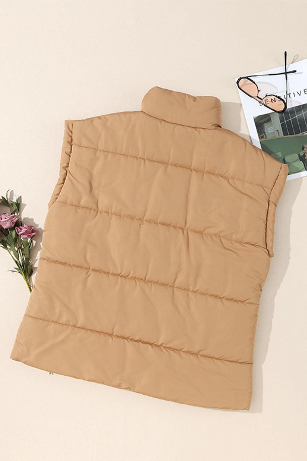 Khaki Oversized Stand Collar Zip Winter Vest