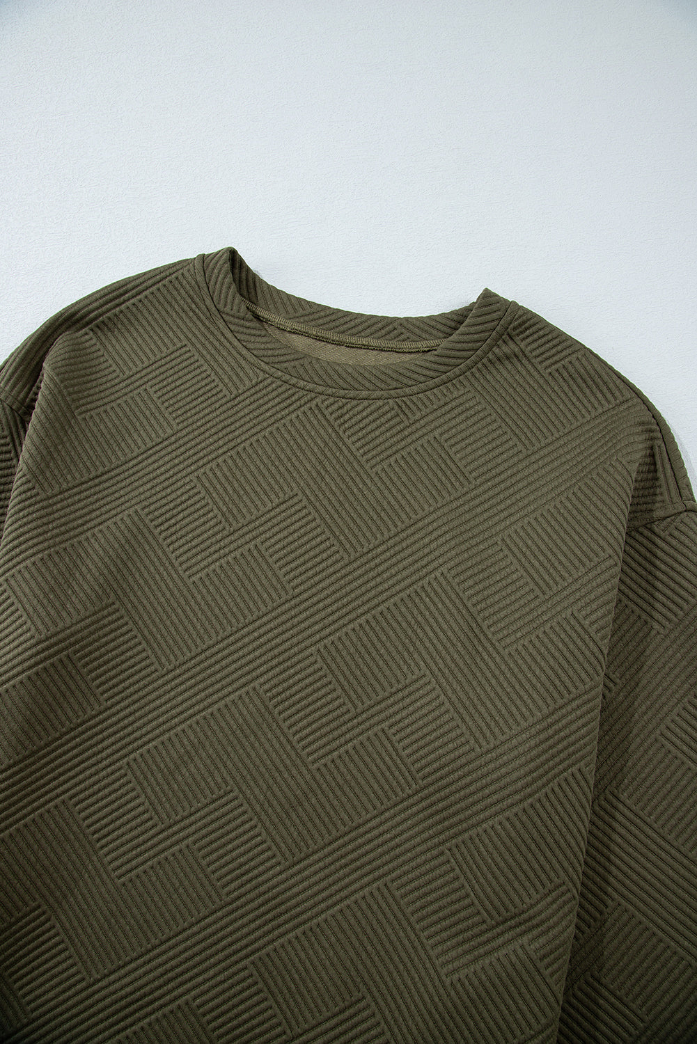 Jungle Green Solid Color Textured Round Neck Drop Shoulder Pullover Sweatshirt