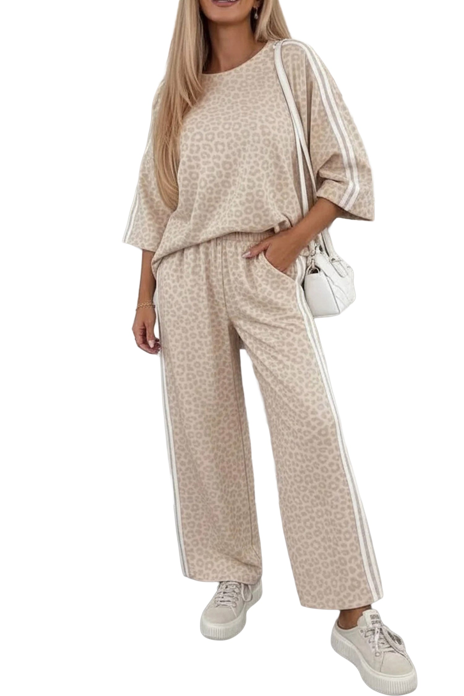 Apricot Leopard Print Varsity Striped Detail 3/4 Sleeve Top Shift Pant Set