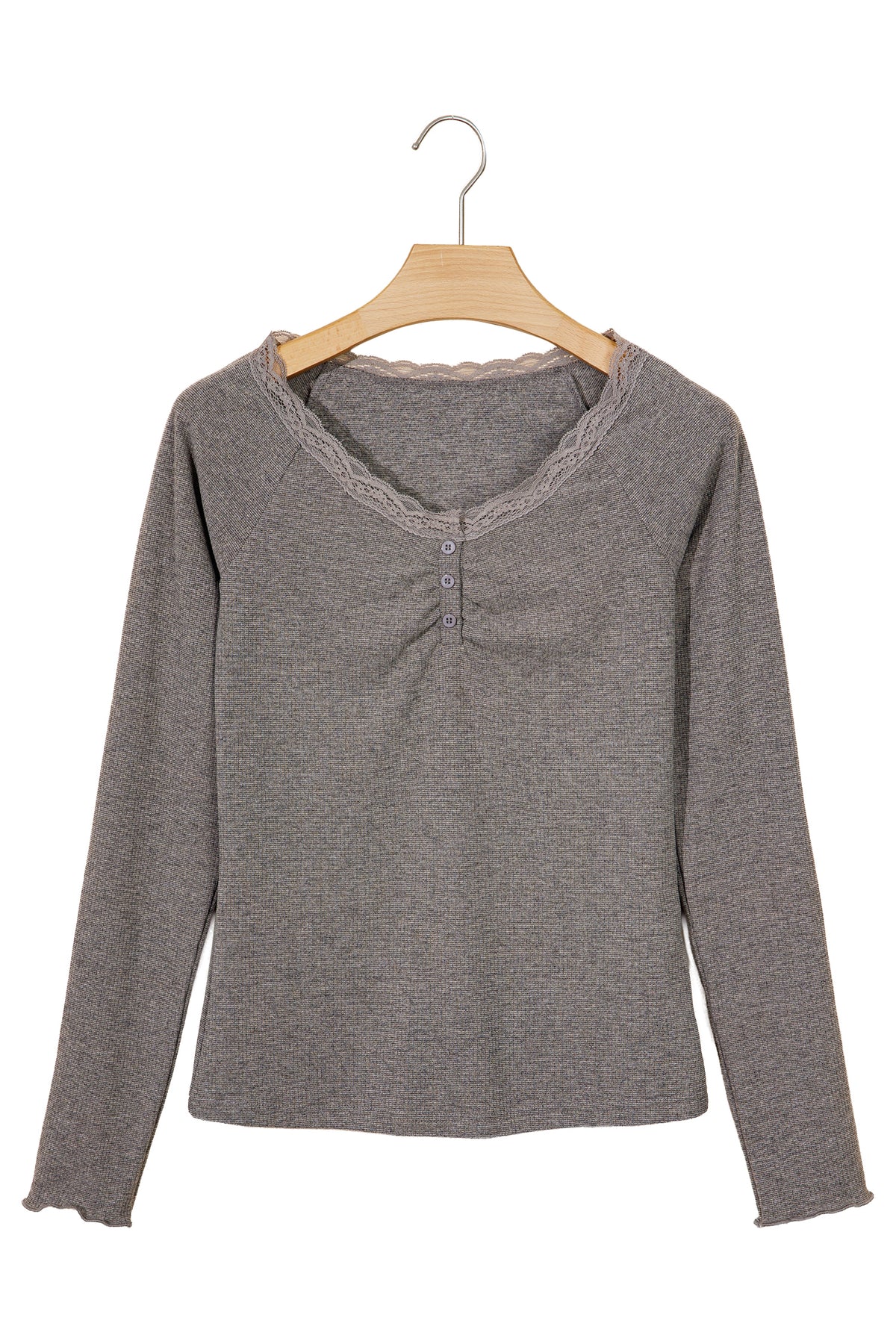 Medium Grey Solid Color Ribbed Lace Trim V-Neck Button Detail Long Sleeve Top