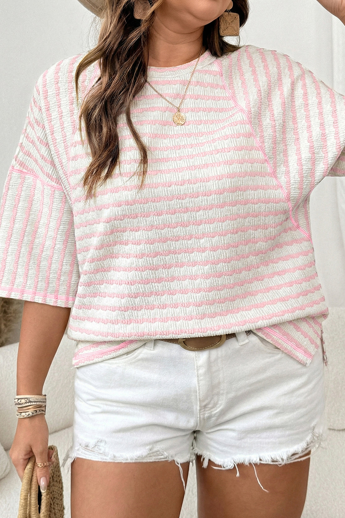 Pink Stripe Plus Size Textured Patchwork Detail Half Sleeve Top