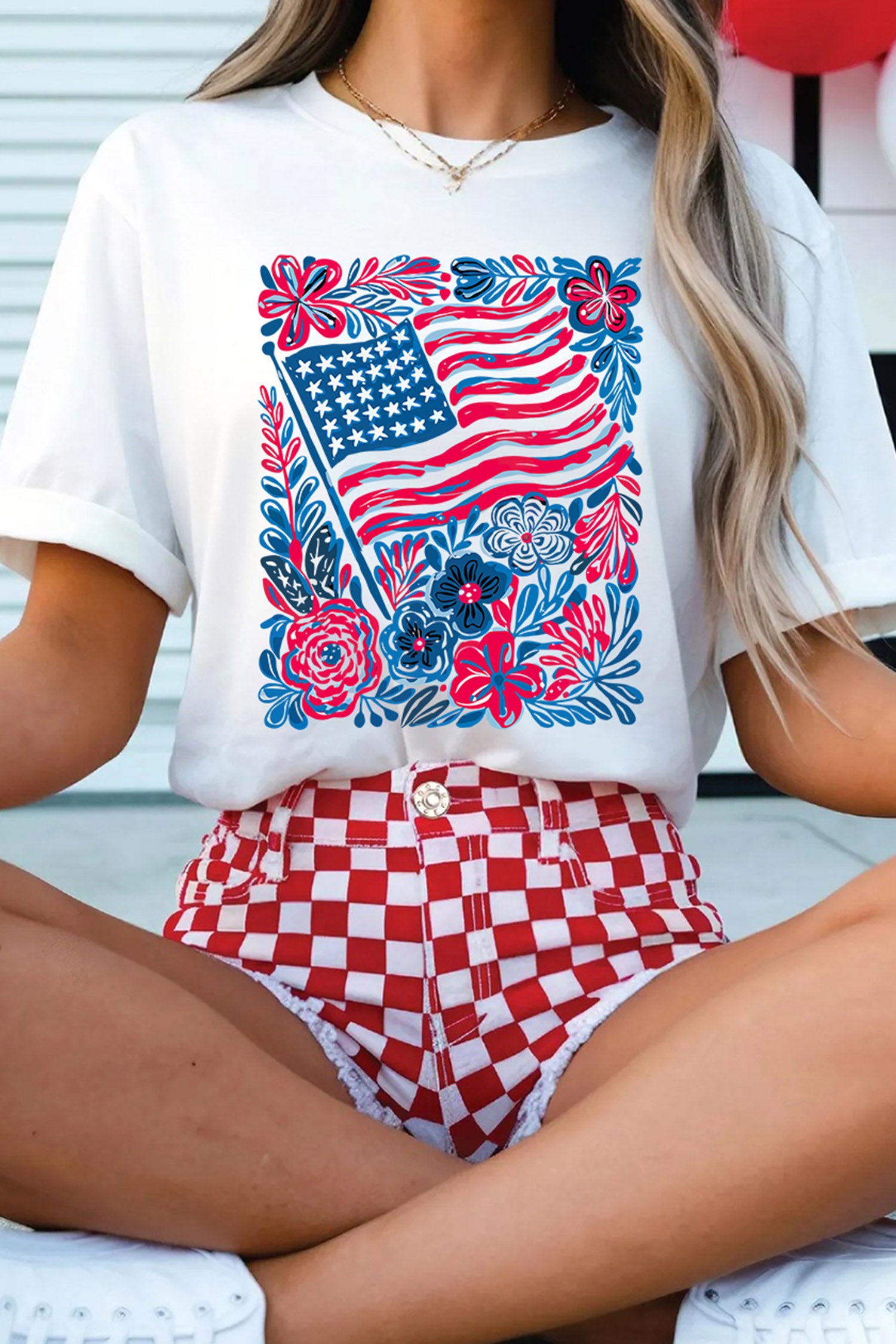 White Floral Flag Aesthetics Patriotic Graphic T Shirt