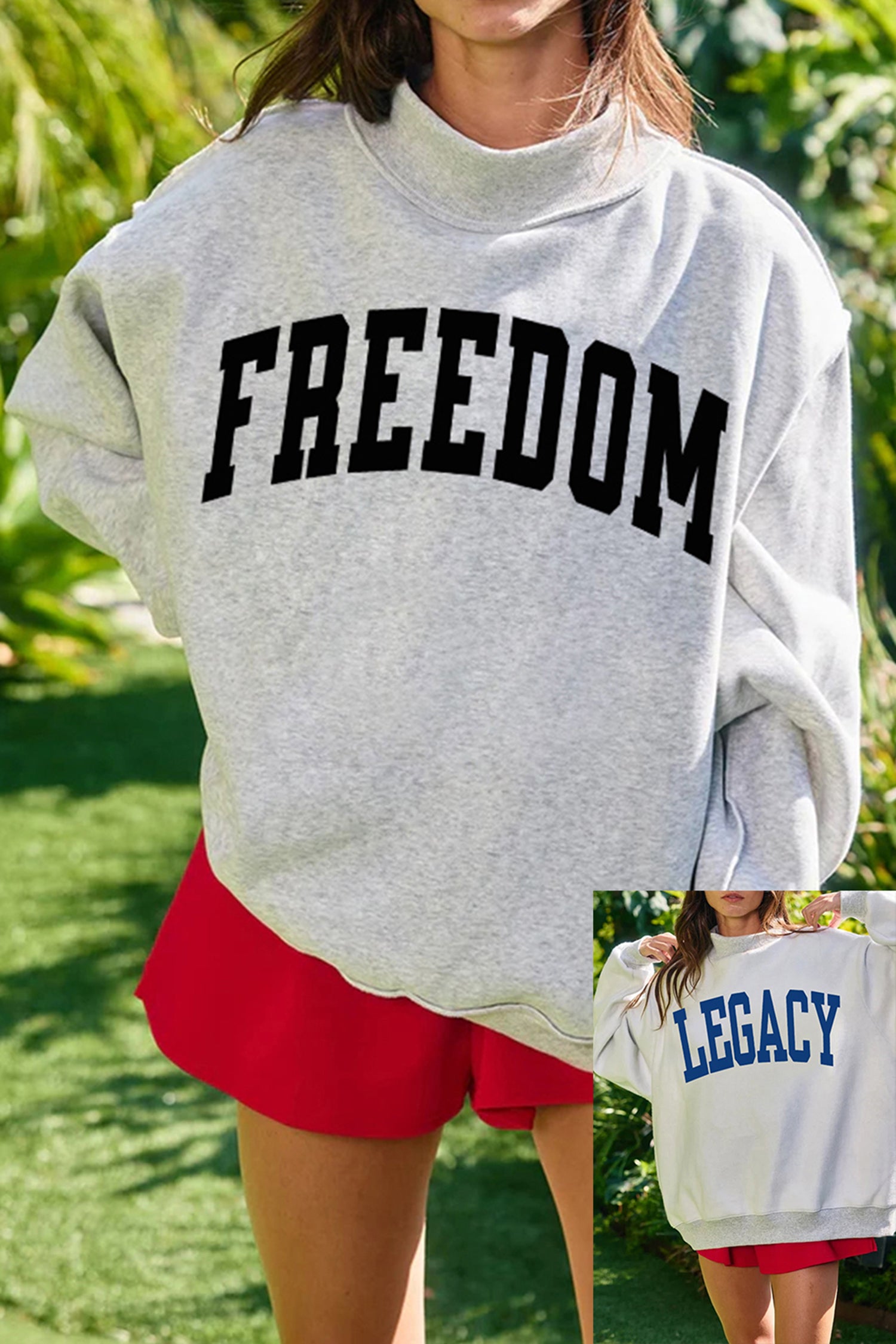 Light Grey FREEDOM/ LEGACY Double Side Printed Reversible Mock Neck Sweatshirt