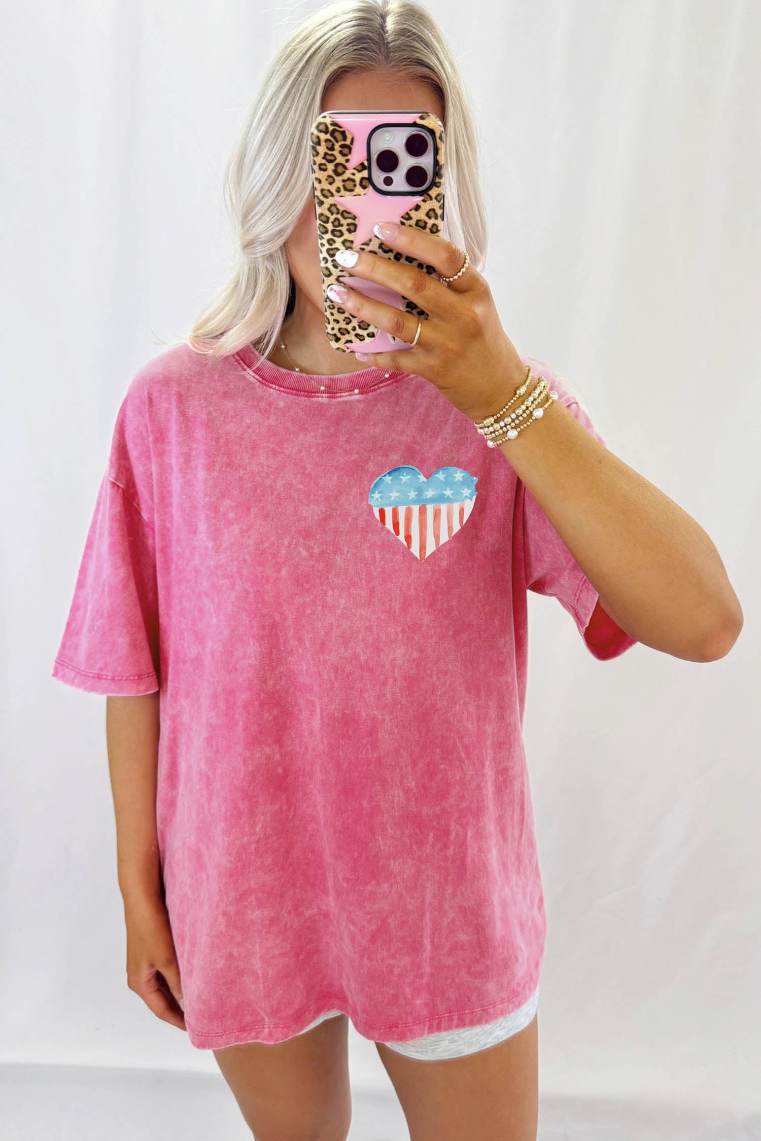 Rose Red Vintage Washed America Patriotic Heart Printed Tee