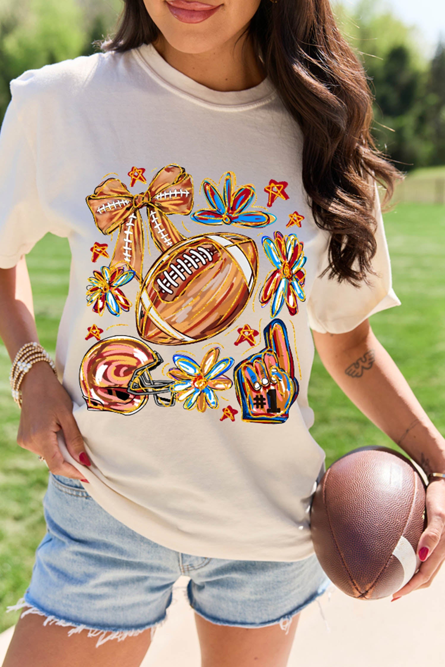 White Vibrant Football Graphic Game Day Cheerful T Shirt