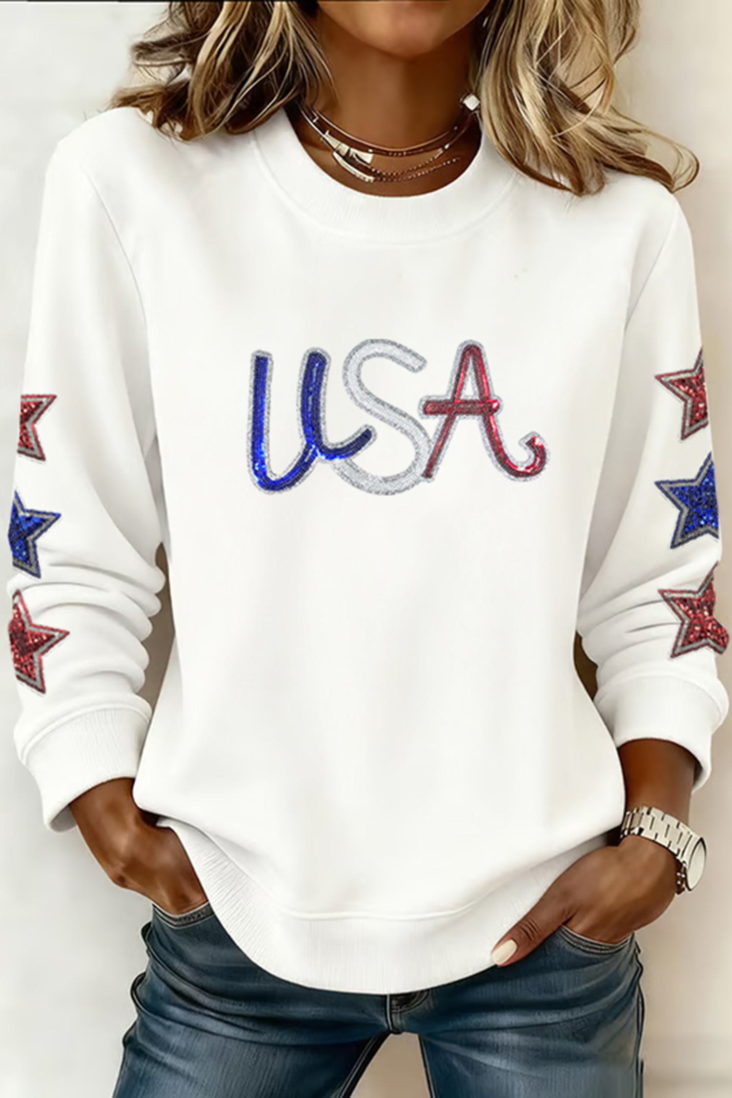 White Sequin USA Star Patched Sleeve Relaxed Sweatshirt