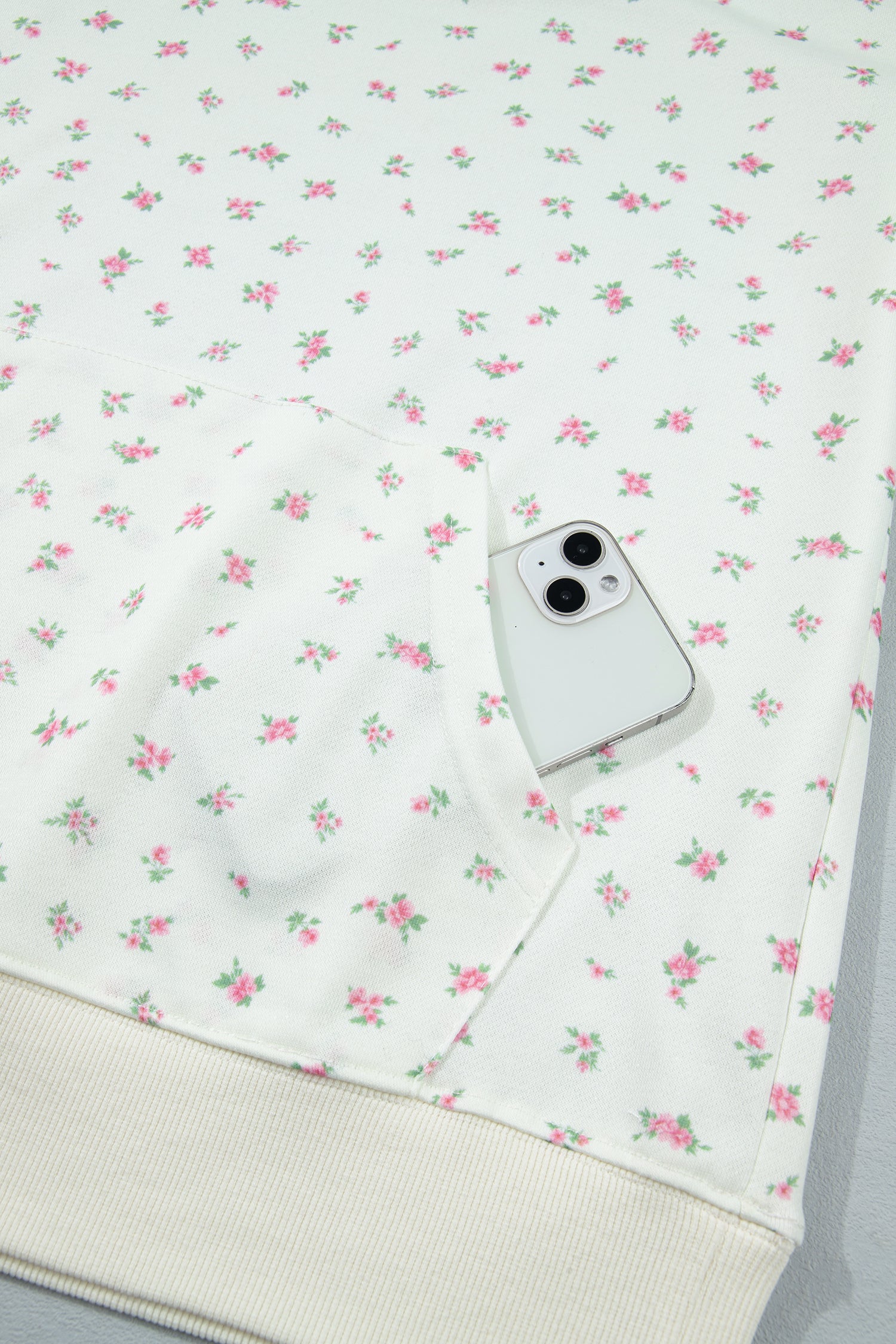 White Floral Print Ribbing Drawstring Hem Long Sleeve Hoodie