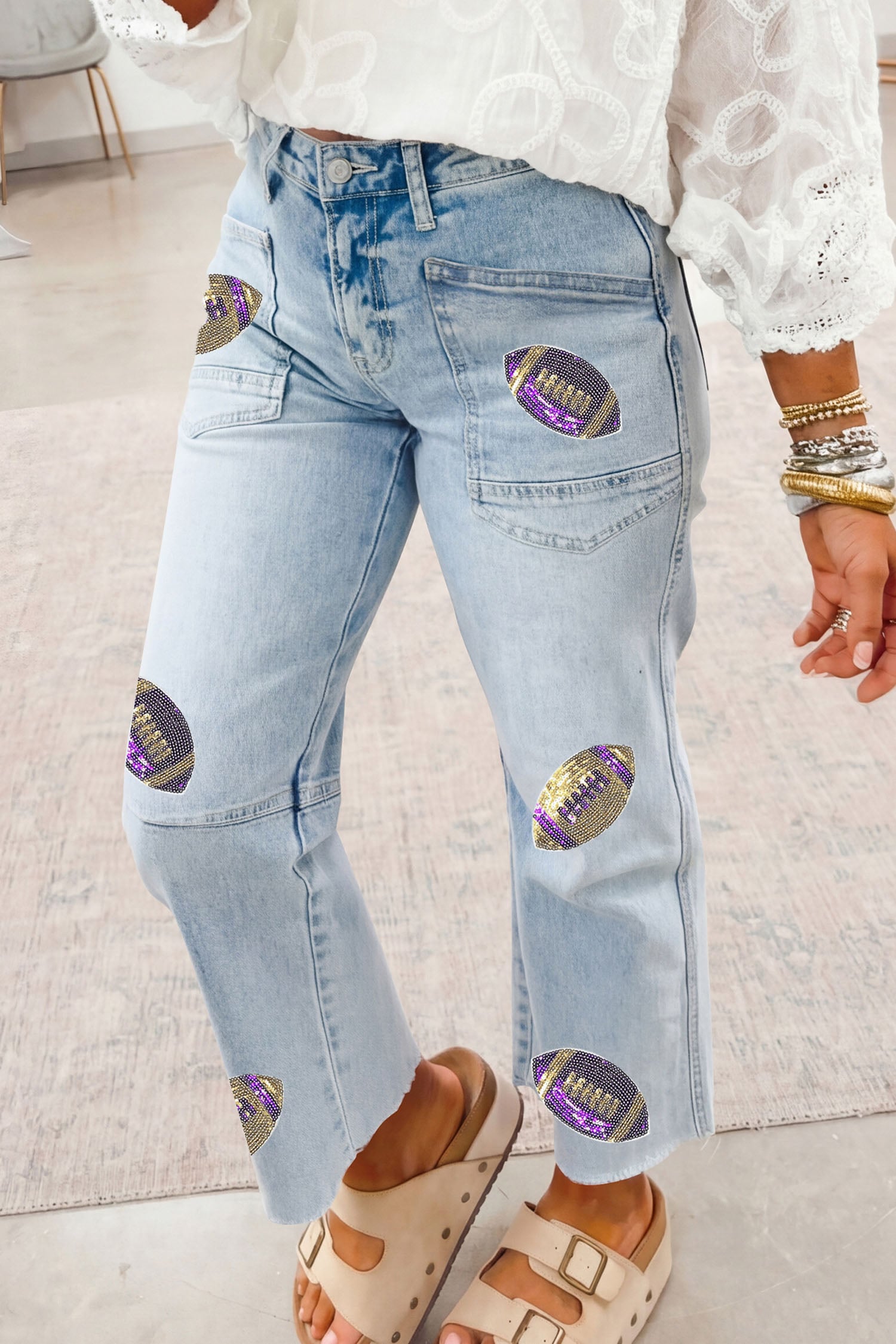 Beau Blue Sequin Rugby Patch Graphic Ankle Length Casual Jeans