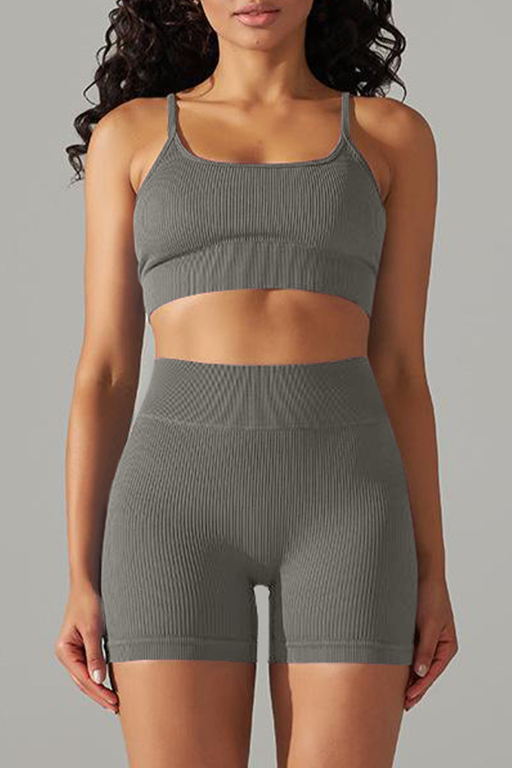 Light Grey Spaghetti Straps Bra and High Waist Shorts Workout Set